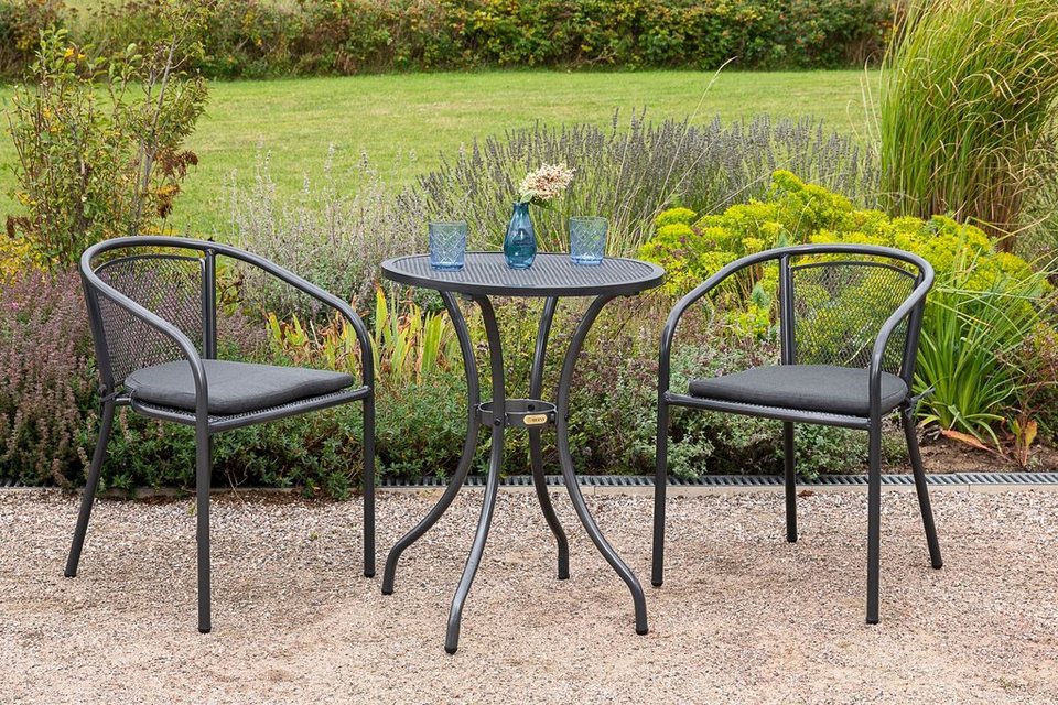 MERXX Garten-Essgruppe Delos, (3-tlg), 2 Stapelsessel mit Sitzkissen, Tisch