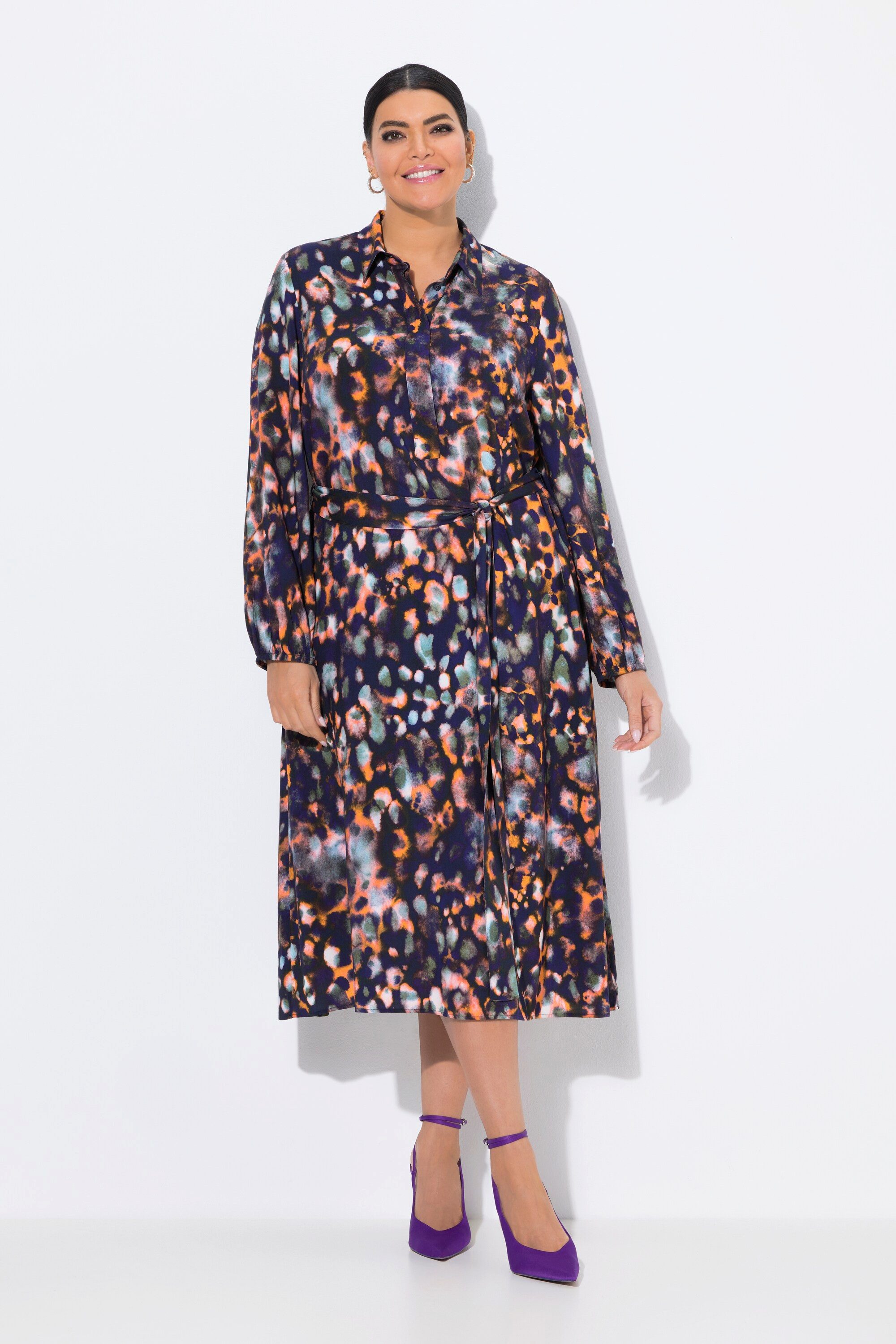 Midikleid Hemdblusen-Midikleid Hemdkragen Langarm Taschen