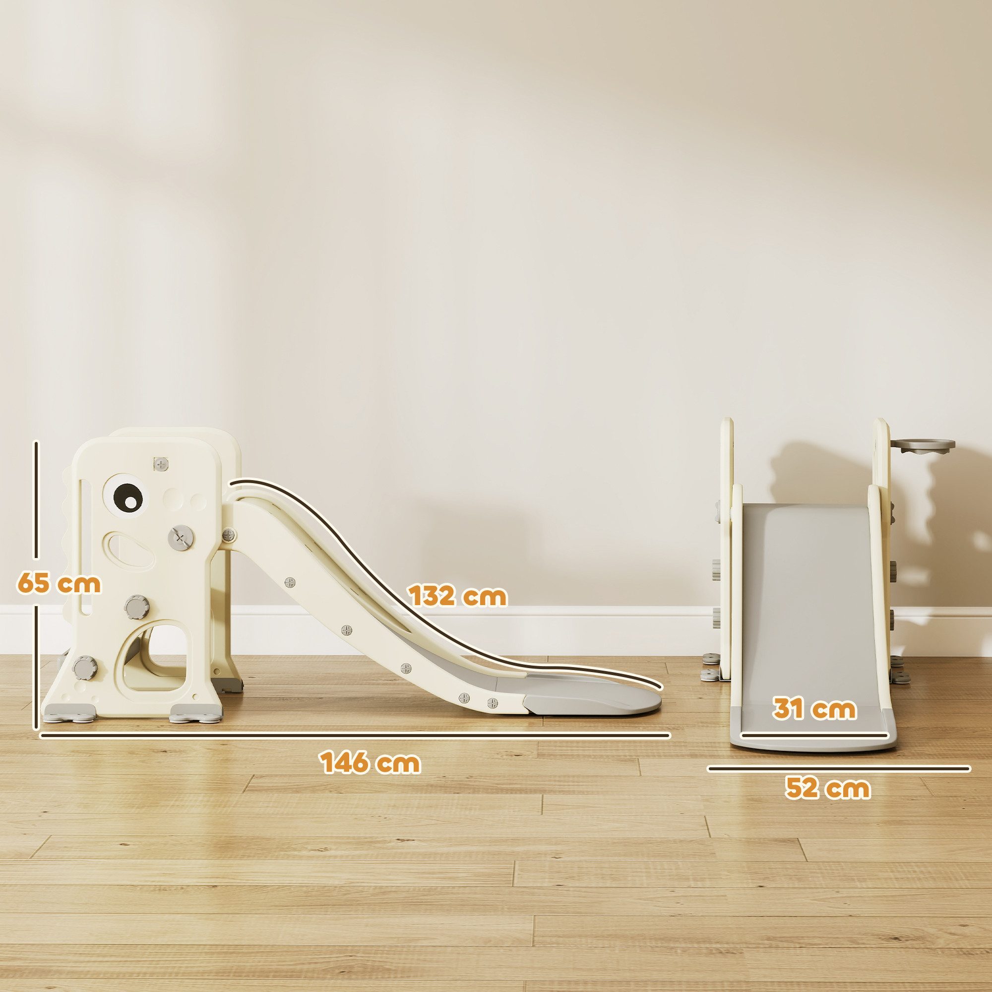 AIYAPLAY Slide with Basketball Hoop, Buckles, Climbing Frame, Basketball (Foldable Toddler Slide, 1-piece, 3 in 1 Children's Slide), for Children 2-5 Years, Indoor, Cream White 146 x 52 x 65 cm