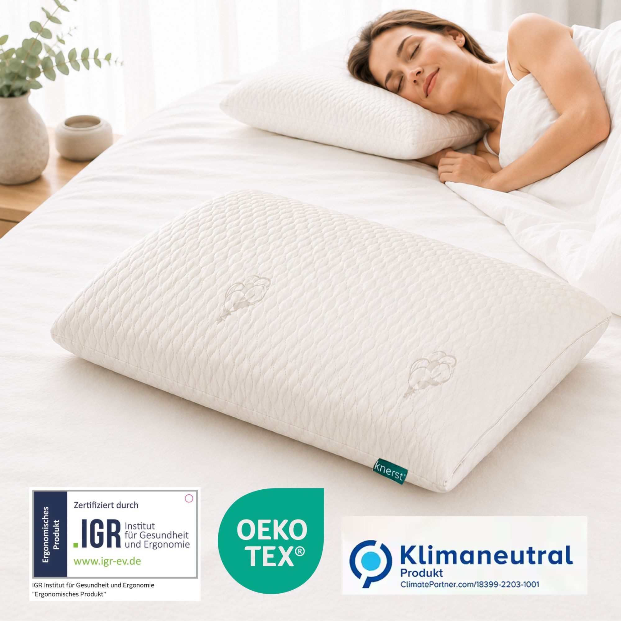 KNERST Nackenstützkissen orthopädisch MemoryFoam Kissen 40°C waschbar - formstabiles Kopfkissen, Füllung: 100% CosyPUR Gelschaum, Bezug: Bio-Baumwollbezug, Seitenschläfer, Bauchschläfer, Rückenschläfer, 33x67x12 cm, ergonomisch