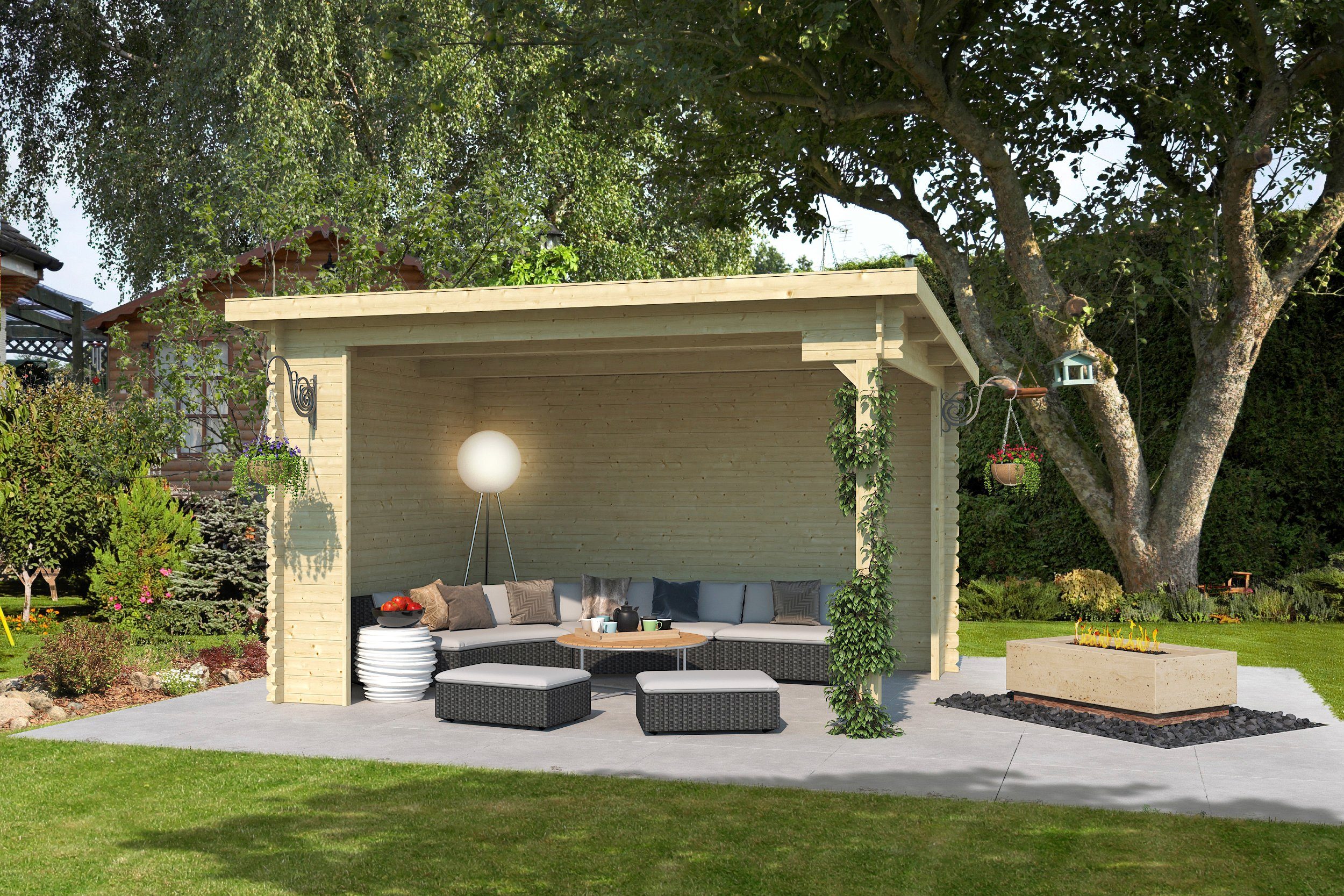 LASITA MAJA Gartenhaus Unterstand/Lounge Buffalo 380, BxT: 400x324 cm, Unterstand / Lounge 28mm, Fundamentmass 3800x2750, Naturbelassen