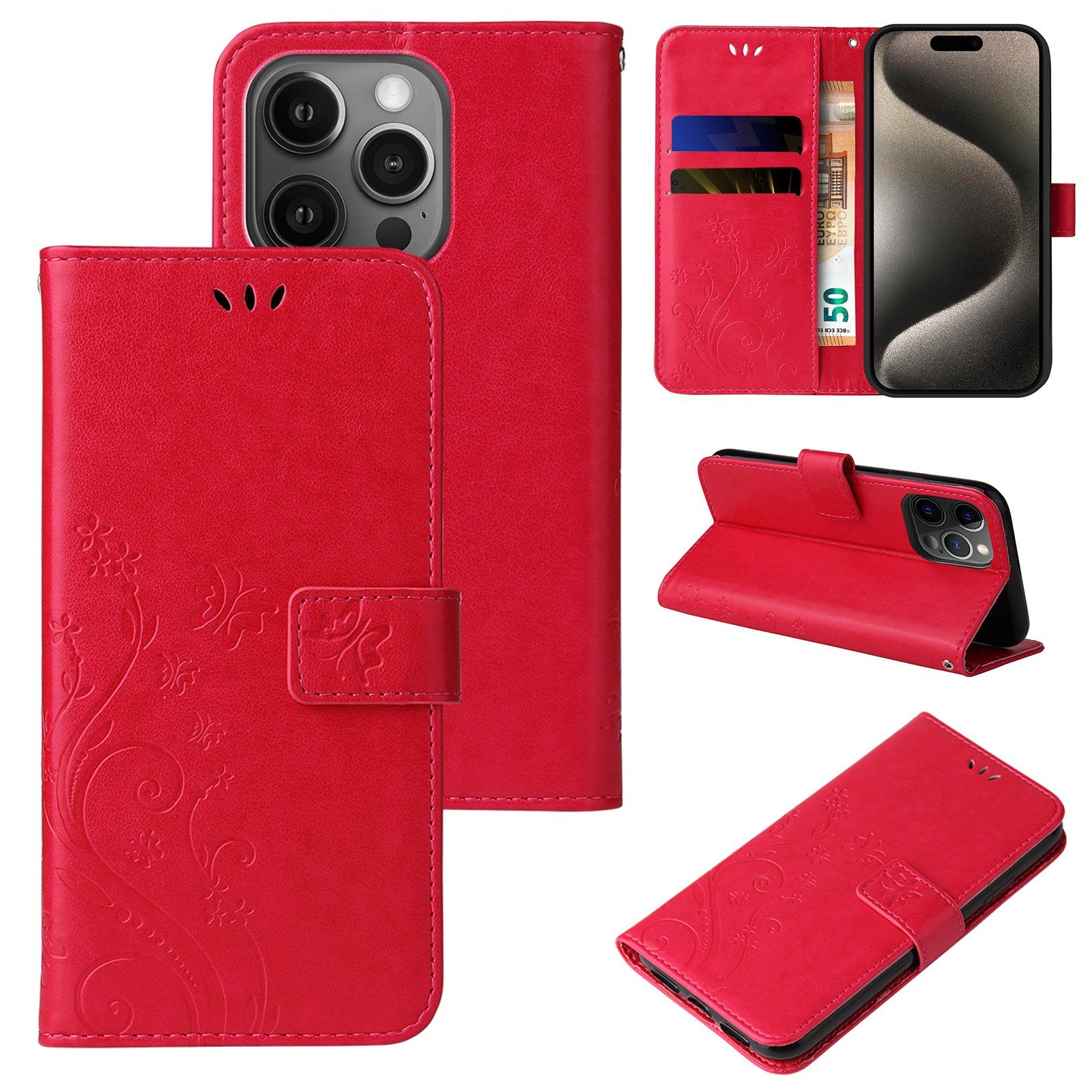 Tec-Expert Handyhülle Cover Tasche Hülle für Apple iPhone 15 Pro 6,1 Zoll, Klapphülle Case mit Kartenfach Fliphülle aufstellbar, Motiv Blumen