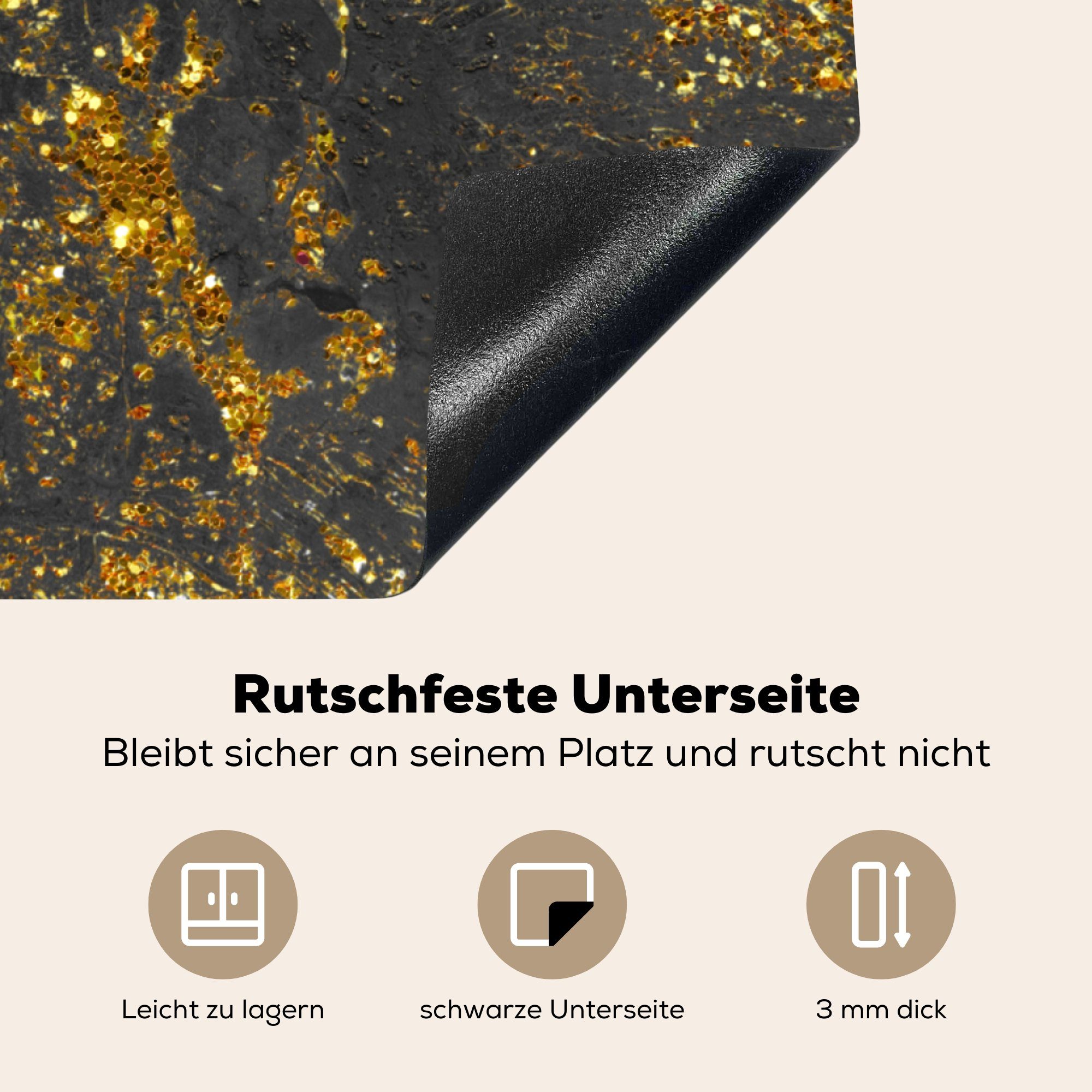 - Gold MuchoWow - Schwarz, Arbeitsplatte für küche Herdblende-/Abdeckplatte Marmor Ceranfeldabdeckung, Vinyl, Glitter tlg), cm, (1 - 78x78