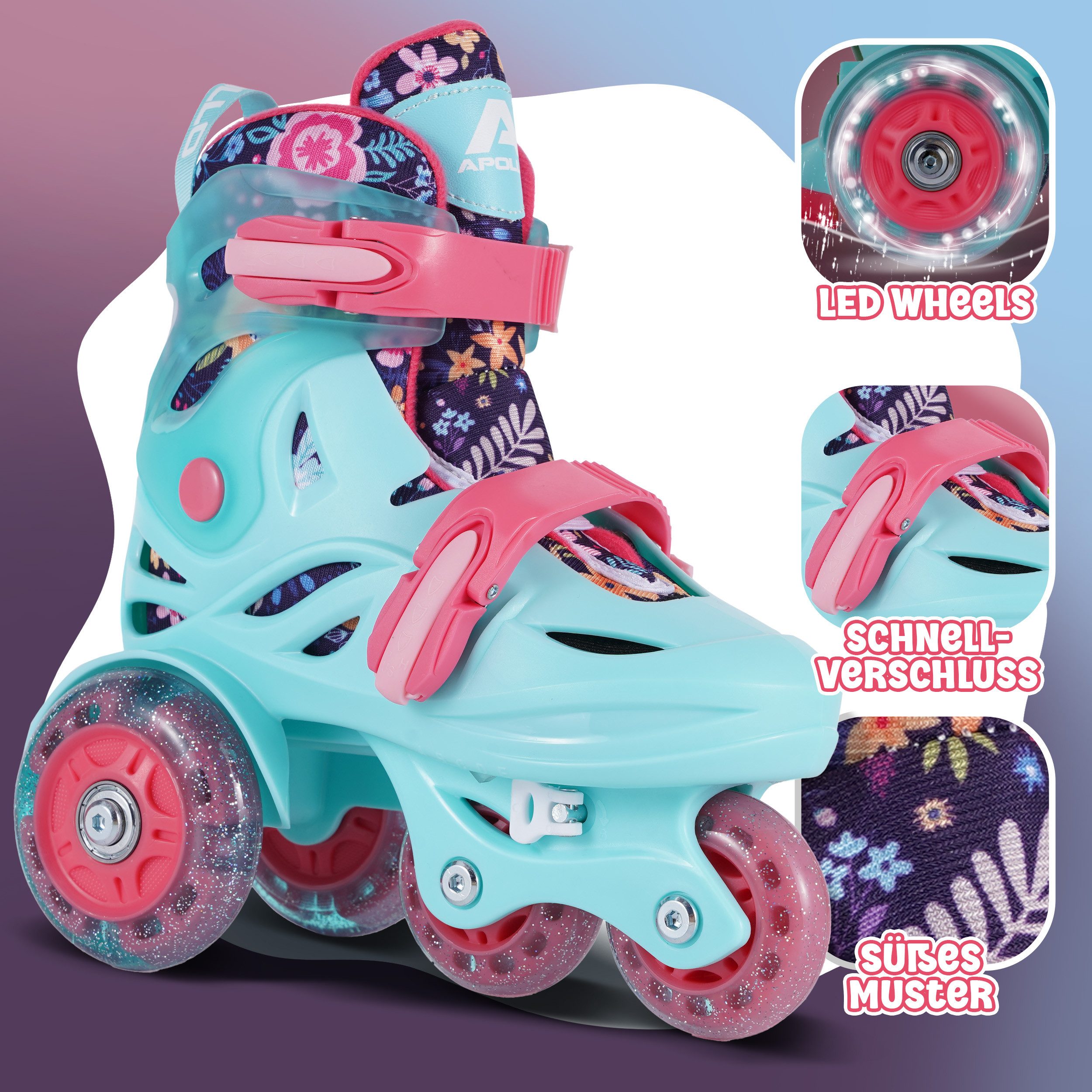 Apollo Rollschuhe Verstellbare Hybrid-Rollschuhe Kinder, Größe 26-30, ideal für Anfänger, mit LED-Rollen, stabil & farbenfroh