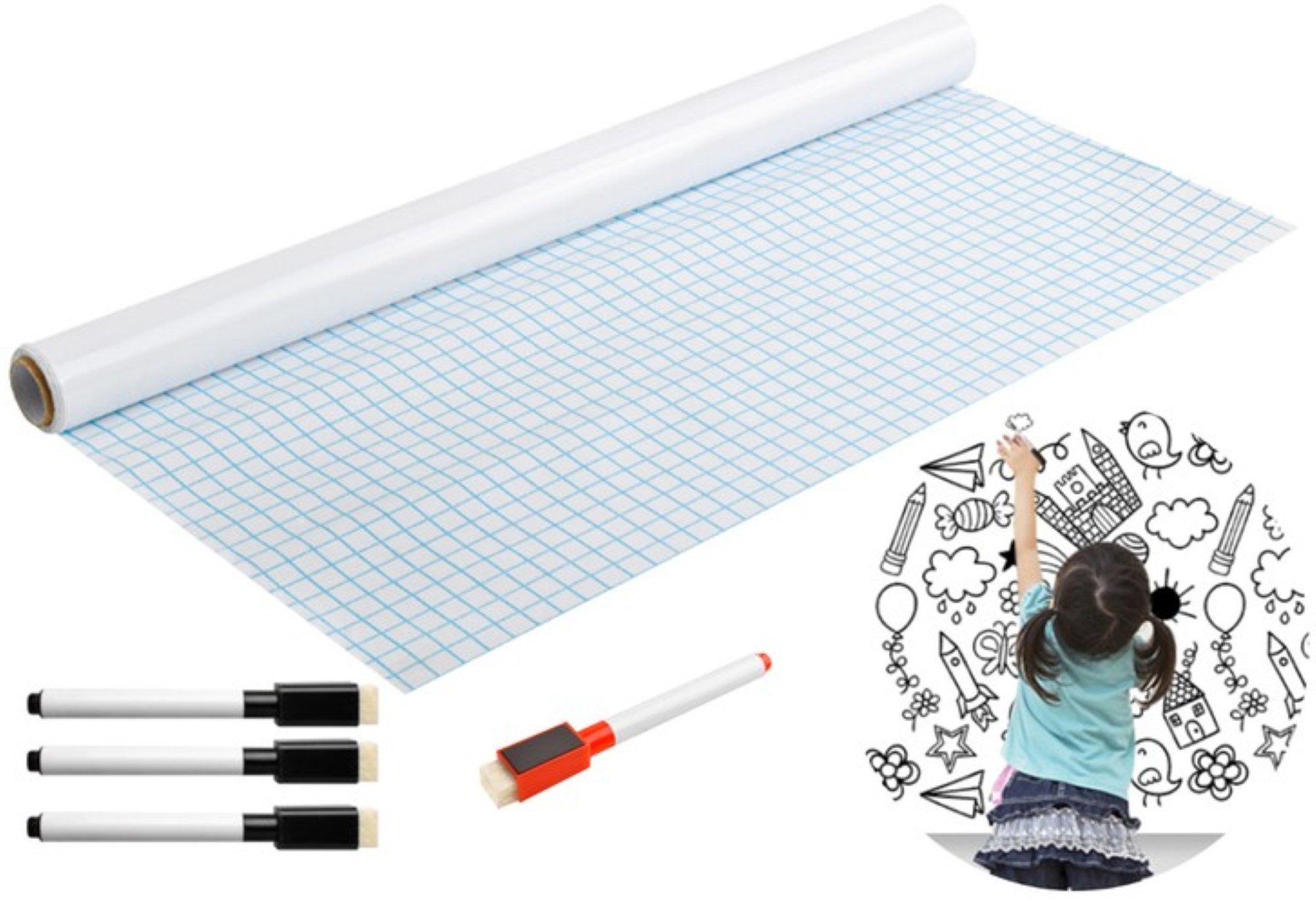 Ruhhy Wandtafel Weißes Selbstklebeboard/Tafel 200x45 cm, (Selbstklebendetafel-Set, Selbstklebendetafel mit Marker), Selbstklebend, Trockenwischbeschichtung, Wiederverwendbar, + Marker