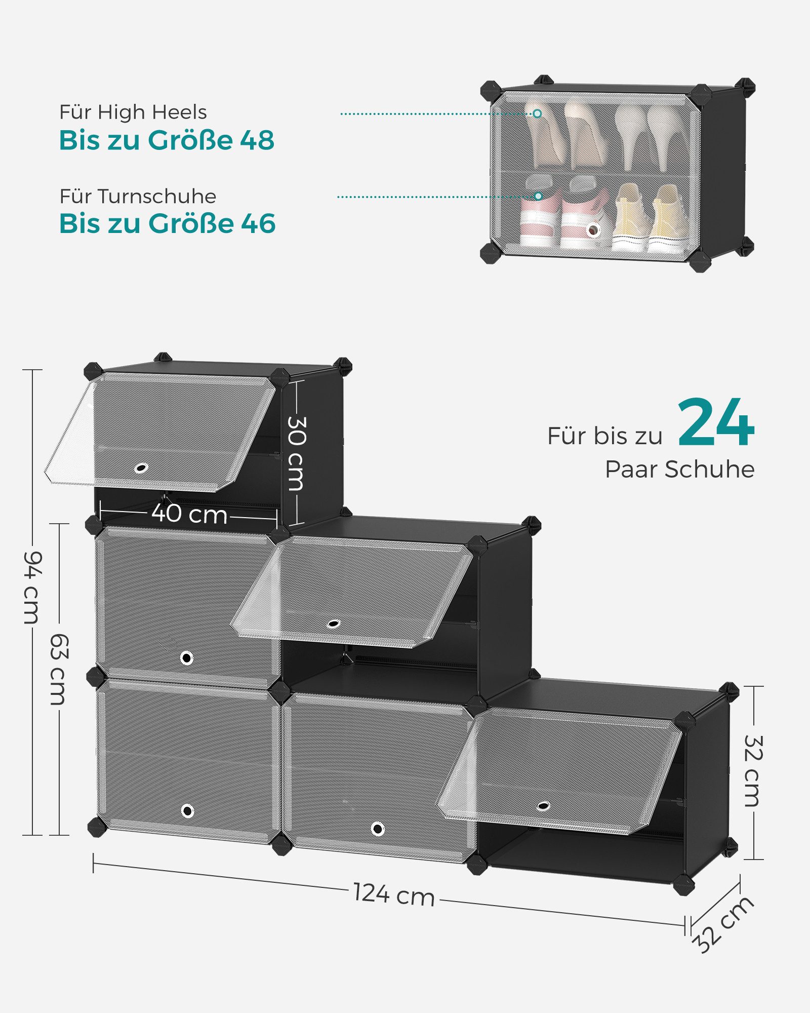SONGMICS Schuhregal Schuhschrank, 30 x 40 x 30 cm pro Fach, für Flur, Eingangsbereich, mit 6 Fächern, mit Türen, für bis zu 24 Paar Schuhe, anpassbar
