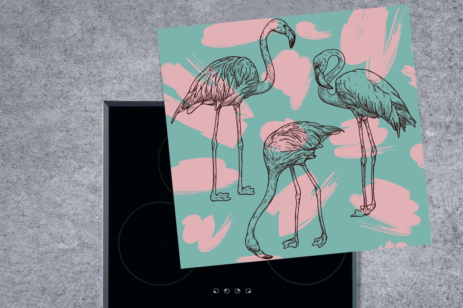 Arbeitsplatte tlg), in, von küche Herdblende-/Abdeckplatte (1 cm, Flamingos vor Hintergrund einem Vinyl, 78x78 für blauen Illustration Ceranfeldabdeckung, Eine MuchoWow