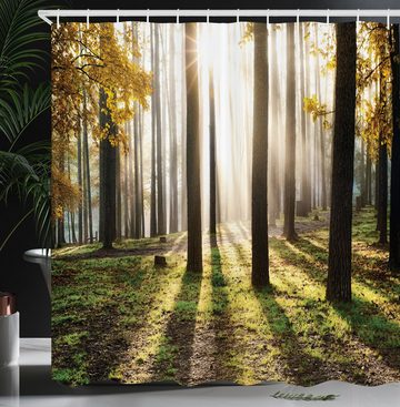 Abakuhaus Duschvorhang Moderner Digitaldruck mit 12 Haken auf Stoff Wasser Resistent Breite 175 cm, Höhe 180 cm, Natur Wald Blätter am Sonnenaufgang