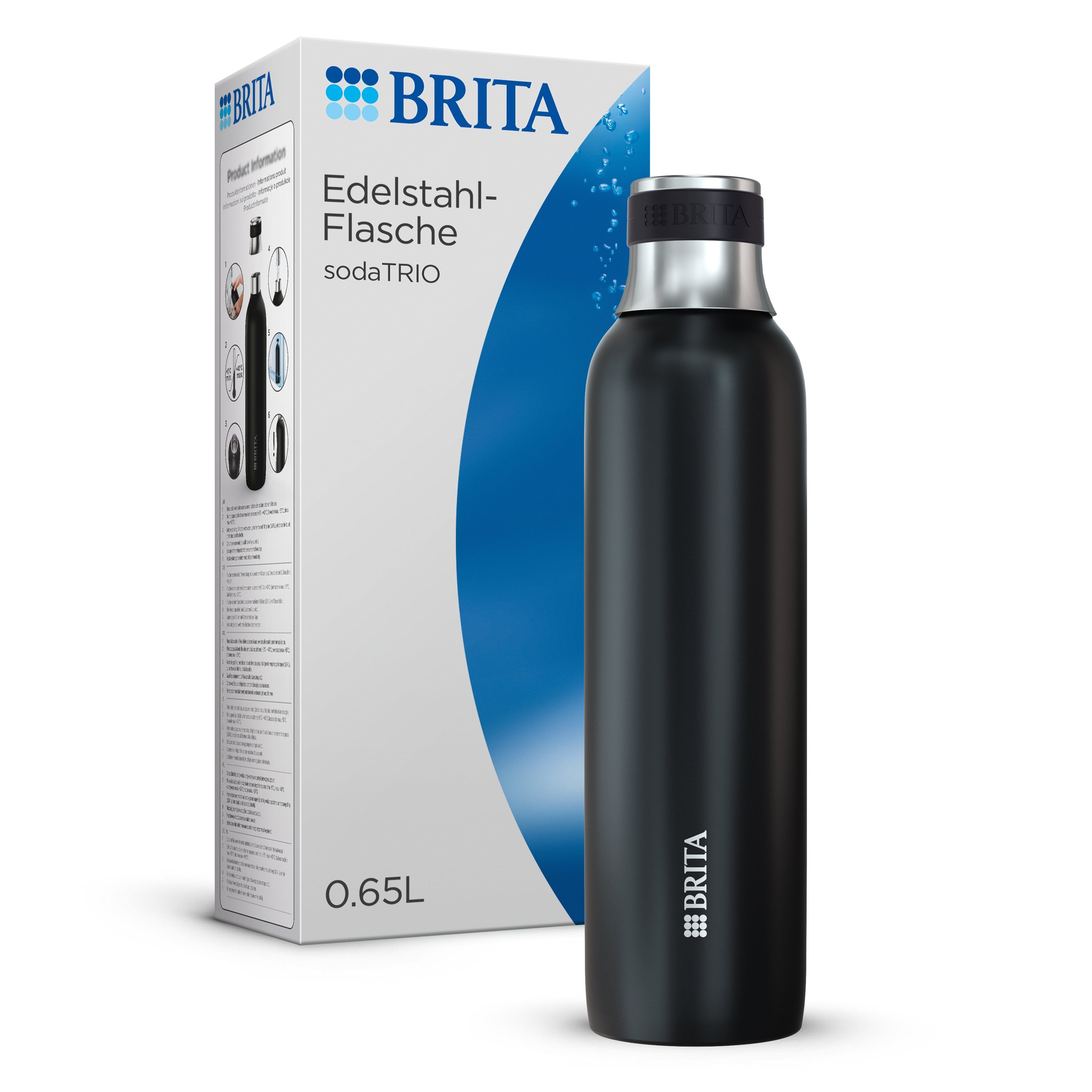 BRITA Wassersprudler Flasche sodaTRIO, (1 x original BRITA sodaTRIO Edelstahlflasche klein in schwarz), isolierte & doppelwandige Premium Edelstahl Flasche, 0,65l