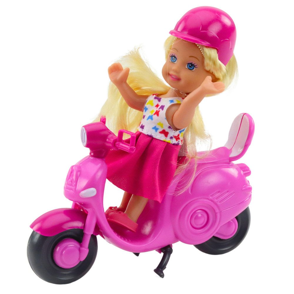 LEAN TOYS Minipuppe Spielpuppe Puppenset Motorroller (Spar-Set, 1-tlg., 11 cm Puppe, robust), 11 cm Puppe, Roller mit beweglichen Rädern, Helm