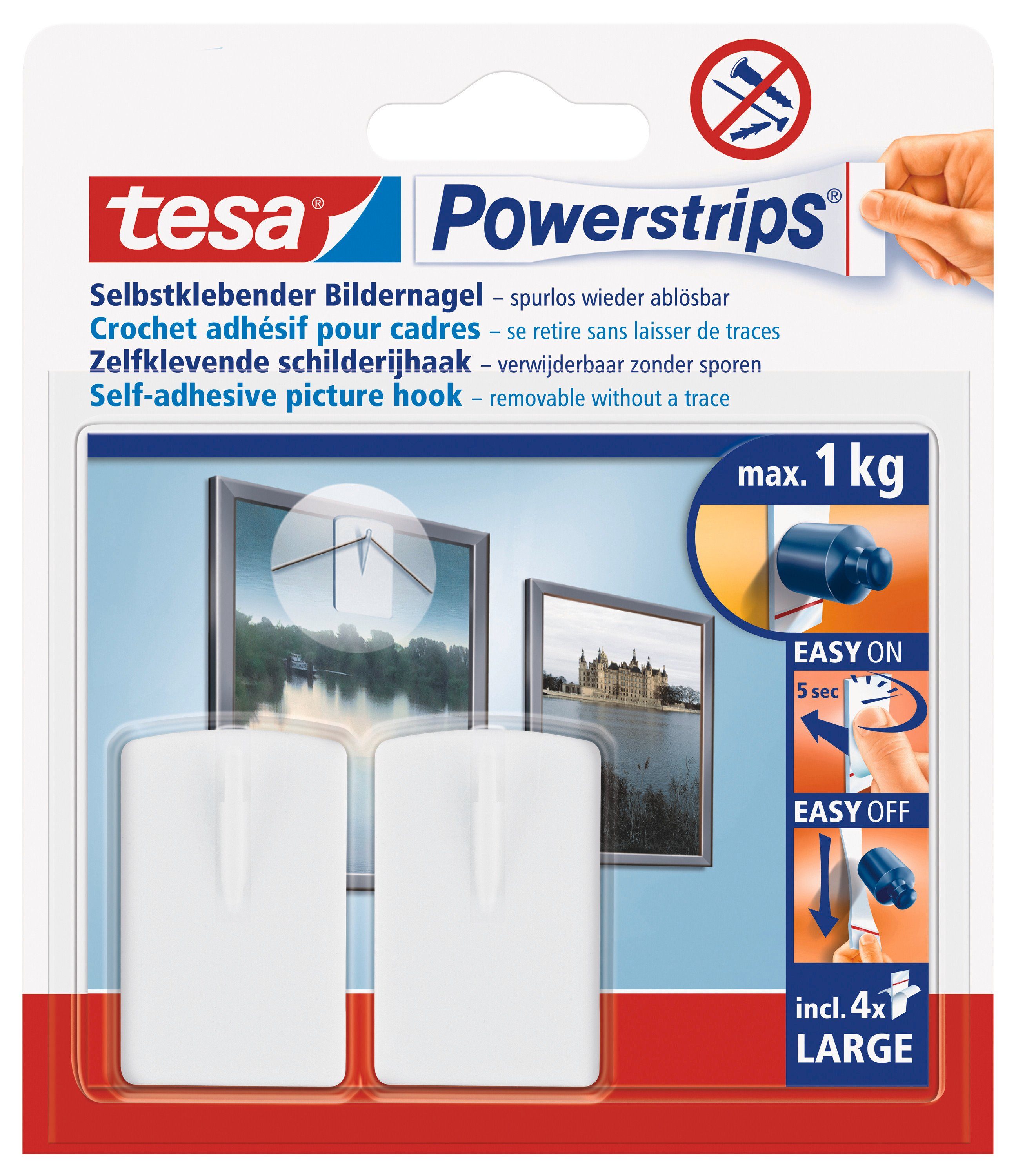 tesa Klebehaken Powerstrips Klebenagel, Dekoration, Bilder, Leinwände, Lichterketten, Girlanden, (Packung, 1-St., Bildernagel, Posterstrips), Stripes selbstklebend - Bilderhaken - kleben statt bohren