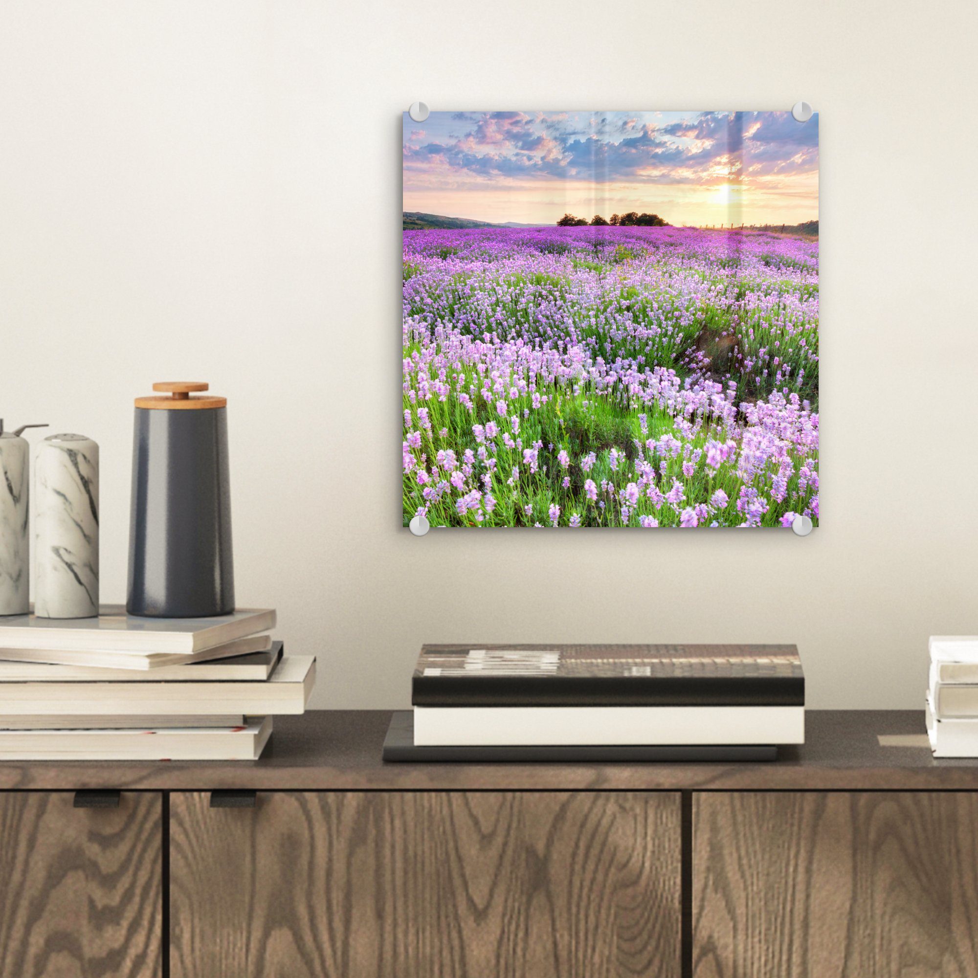 MuchoWow Acrylglasbild Blumen - bunt - - auf Bilder - - Wanddekoration Wandbild Natur, auf - Lila Glasbilder - St), (1 - Himmel Lavendel Glas - Wiese Glas Foto Sonnenuntergang