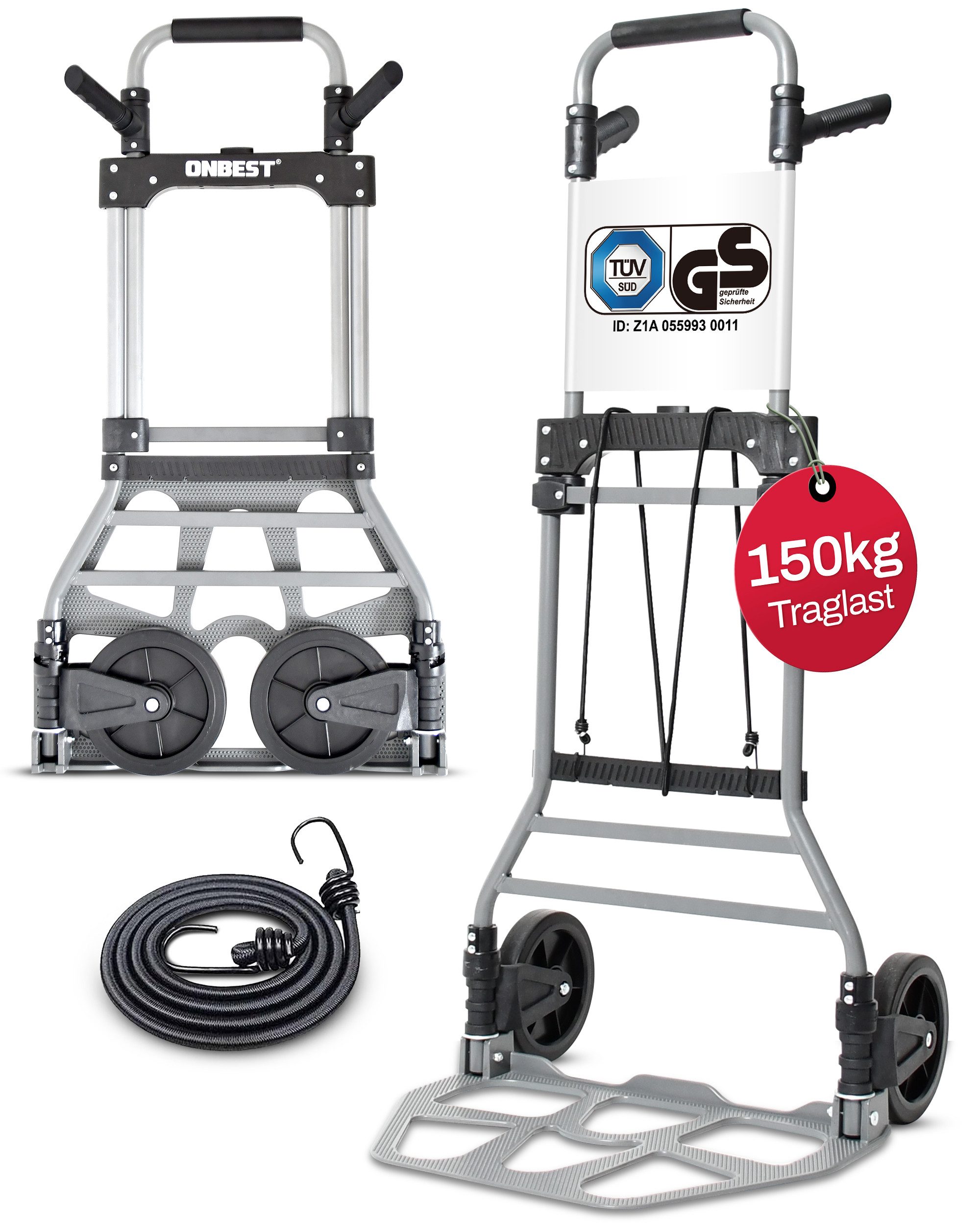 Onbest Sackkarre PREMIUM HT150 klappbar faltbar, 150 kg Tragkraft, mit Gepäckgurt, Vollgummi Räder