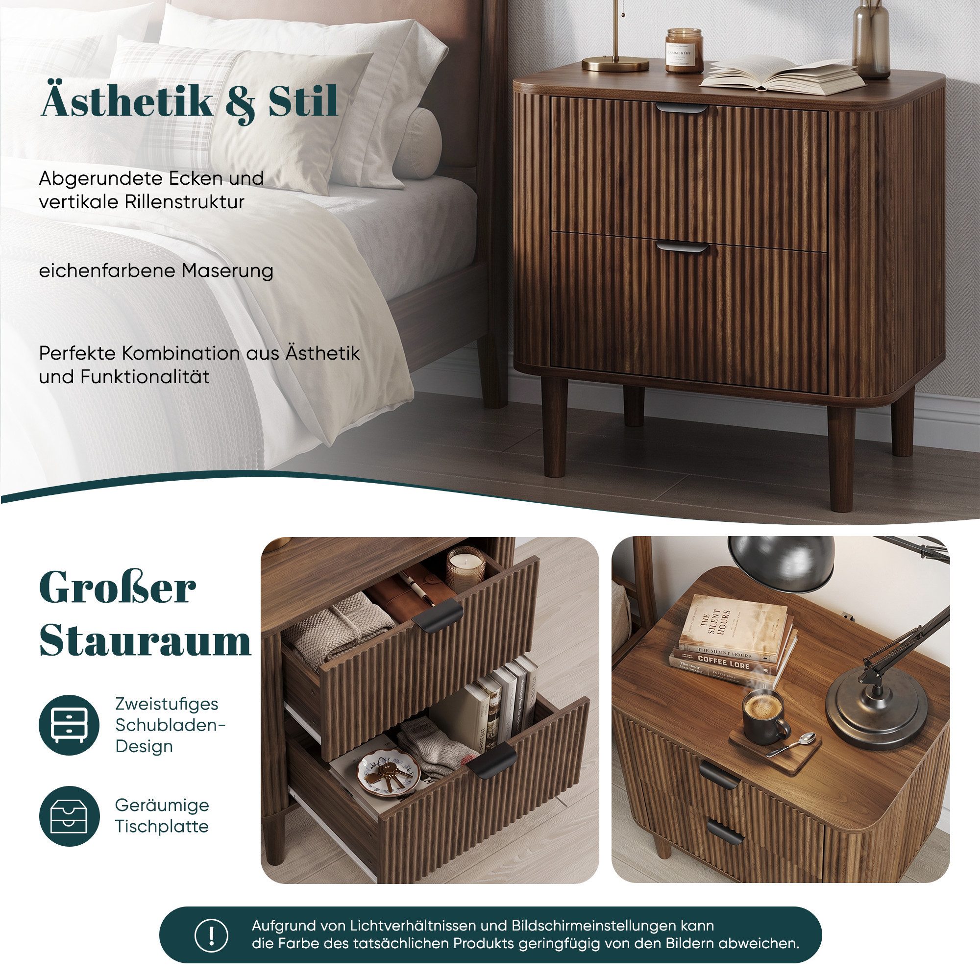 Celya Nachttisch aus Holz mit Rillenstruktur und 2 Schubladen (1er-set, geschwungener Nachttisch, Aufbewahrungsmöbel fürs Schlafzimmer) – Bild 3 von 5