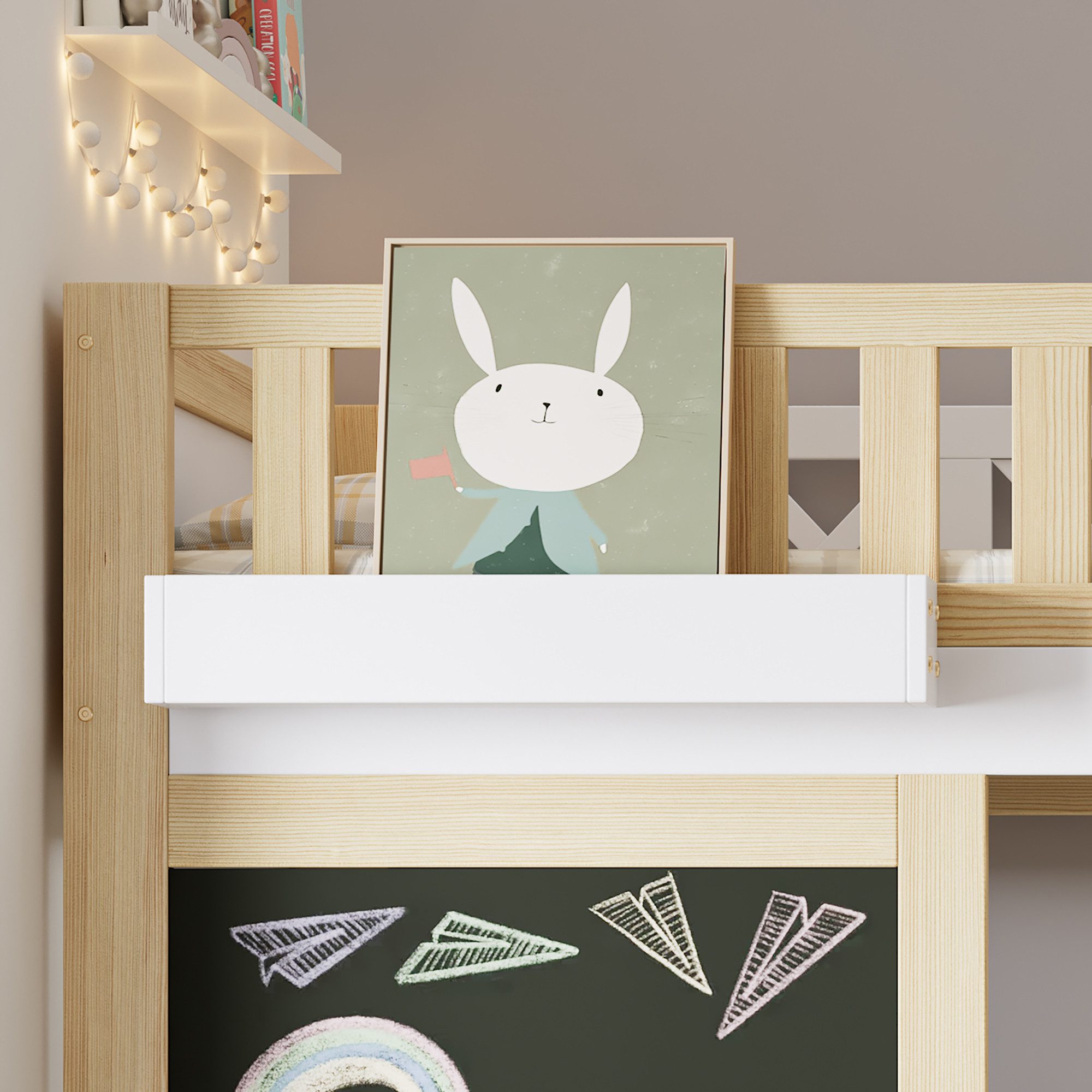 Flieks bunk bed, children's loft bed 90x200cm with chalkboard, storage box, angled ladder