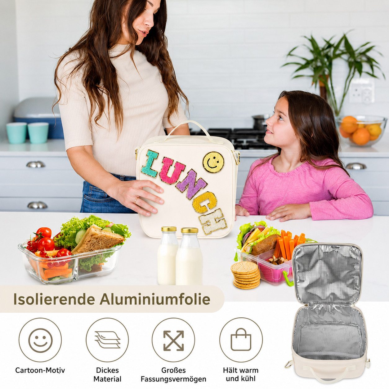 Diwzbyn Lunchbox Lunchbag Isoliert, Mit Verstellbarem Schulterriemen, Tragbar, Mit Folienfutter, Niedliches Design für Schule & Reisen – Bild 4 von 5
