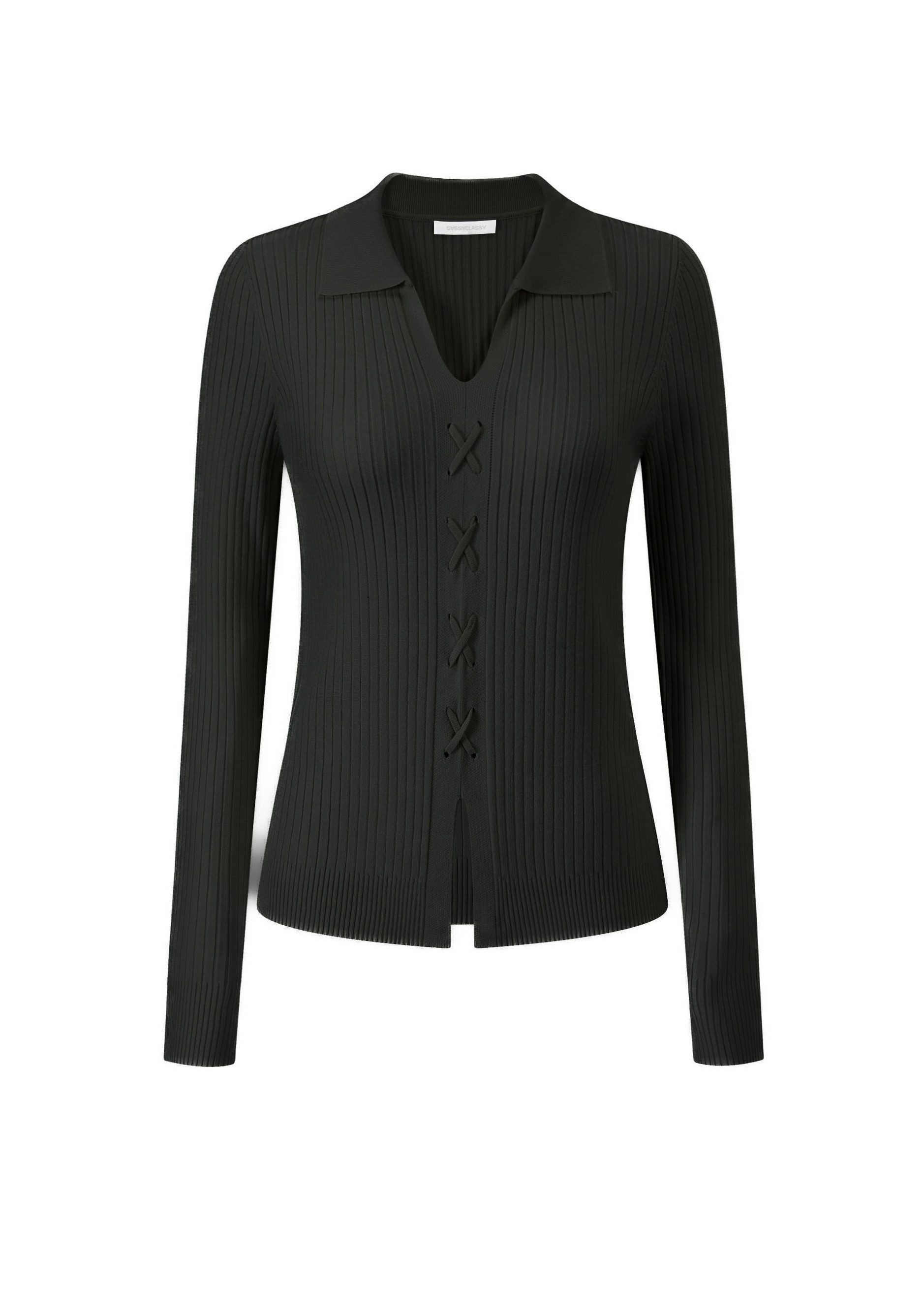 SASSYCLASSY Langarmshirt Geripptes Langarmshirt Damen mit Schnürdetail Figurbetontes Shirt aus Strickmaterial mit V-Ausschnitt Elegant