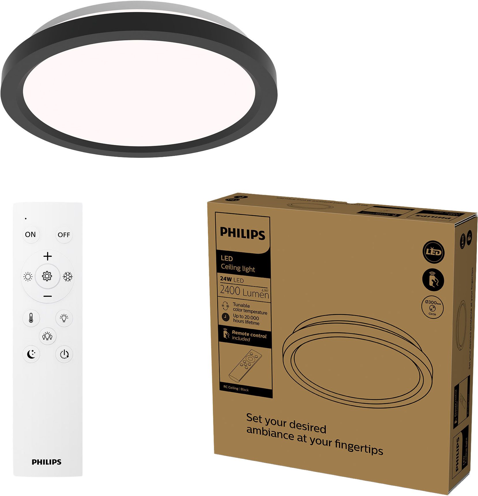 Philips LED Deckenleuchte All-In-One Leuchte, 24W, 2400 Lumen, 30cm rund, schwarz, CCT - über Fernbedienung, Dimmer, Dimmfunktion, Farbsteuerung, Fernbedienung, Infrarot inkl., Memoryfunktion, dimmbar über Fernbedienung, mehrere Helligkeitsstufen, LED wechselbar, warmweiß - kaltweiß, inkl. Fernbedienung