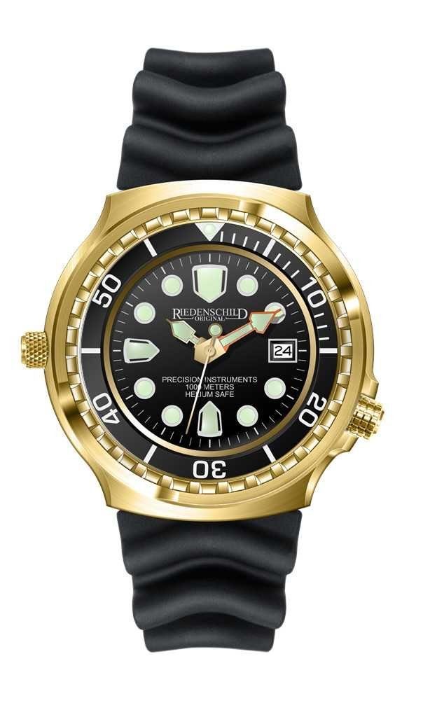 Riedenschild Taucheruhr RS9000-11, IP-Vergoldet, 100 ATM Wasserdicht, 46 mm Gehäuse, Schwarzes Silikonband, Heliumventil, Profi-Taucheruhr für Herren