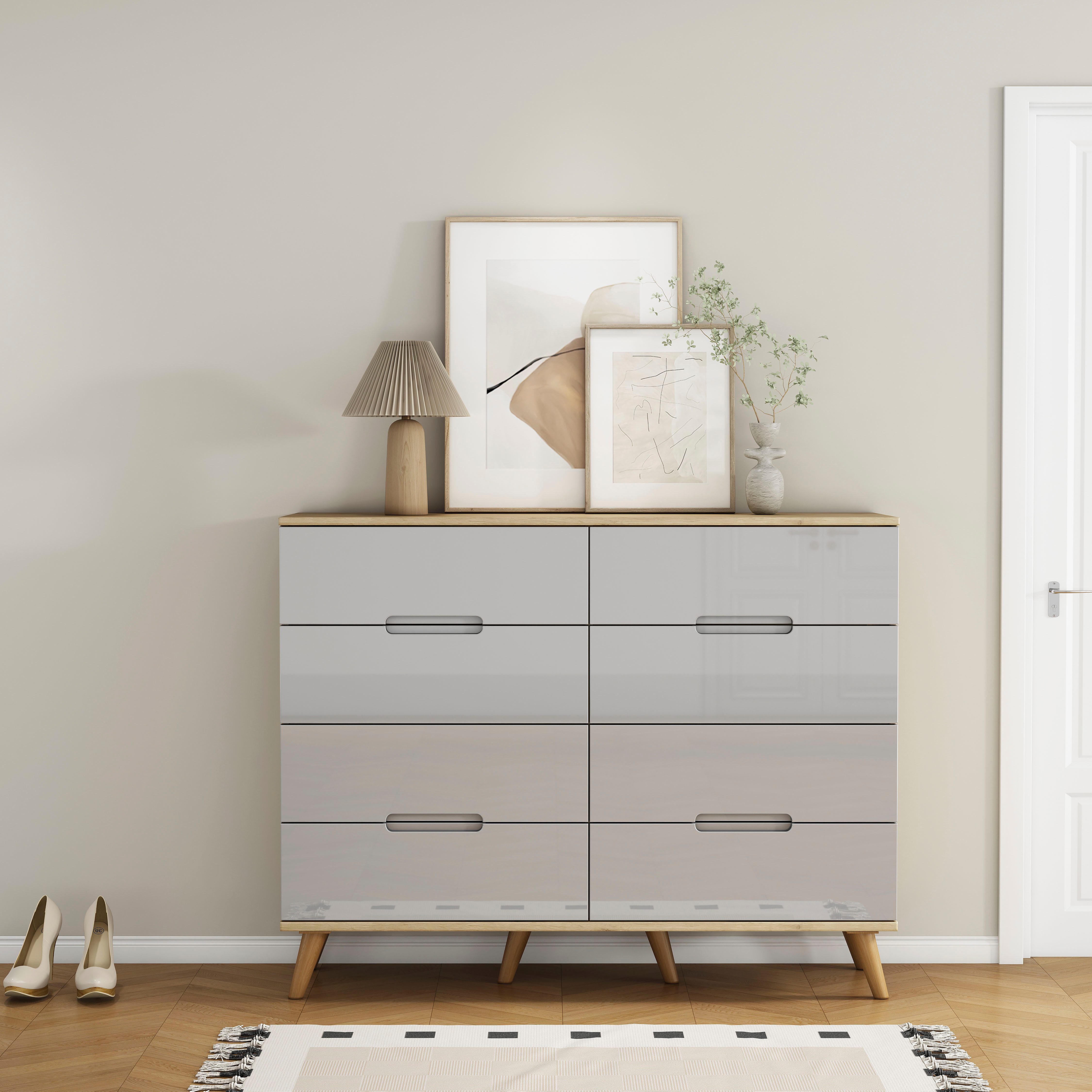 OTTO home Kommode Lund, mit glänzenden Fronten, Griffmulden, helles Holzdekor, Breite 120 cm
