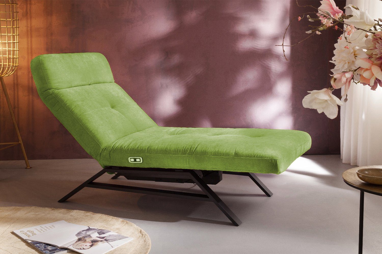 KAWOLA Relaxliege AMERIVA, Sessel Velvet, Fuß schwarz od. chrome, versch. Breiten und Farben grün