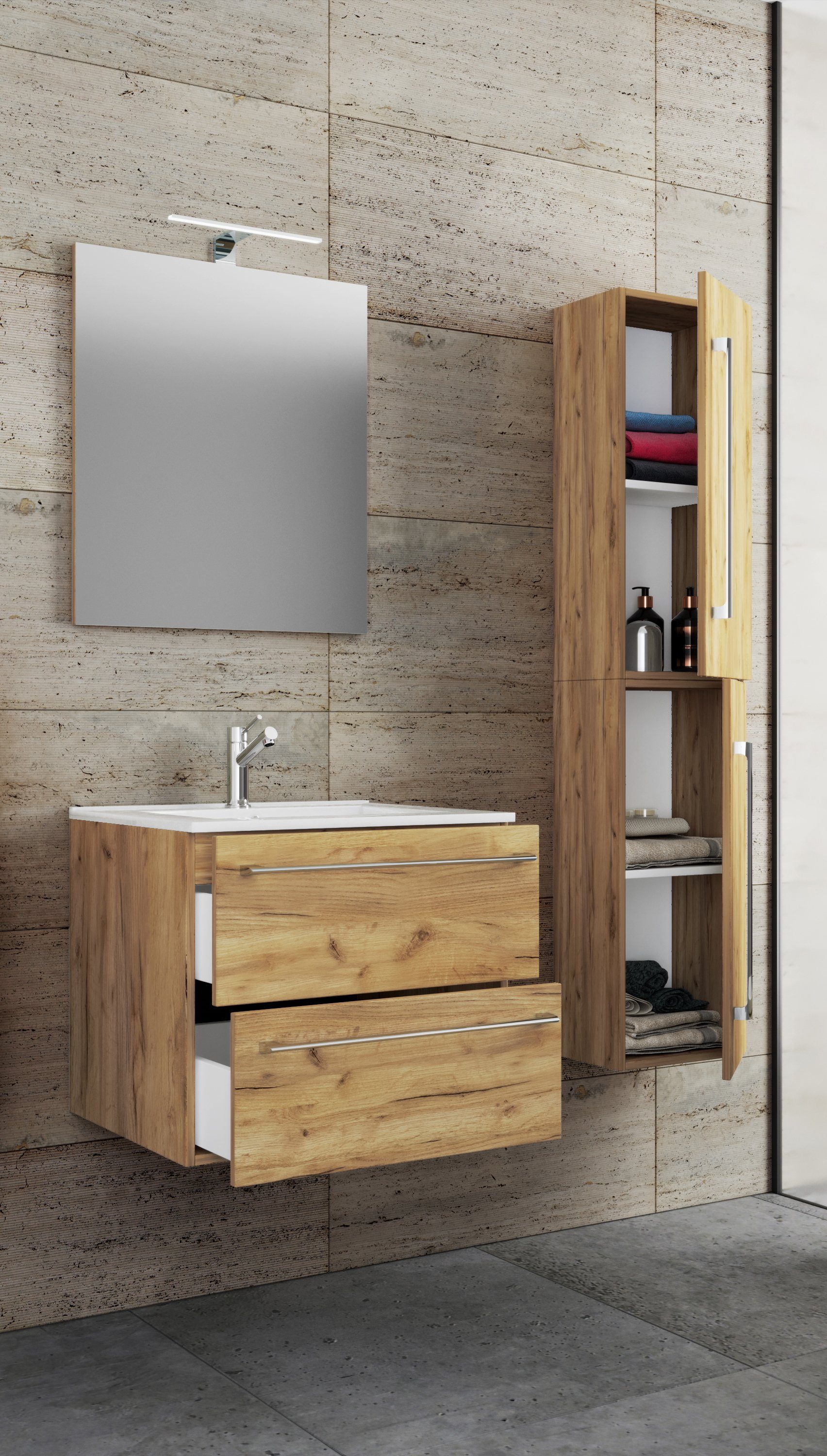 VCM Waschtisch 4 teilig Badmöbel-Set Waschplatz Badinos (Set, 4-St., 1x Unterschrank 1x Waschbecken 1x Spiegel 1x Hochschrank)