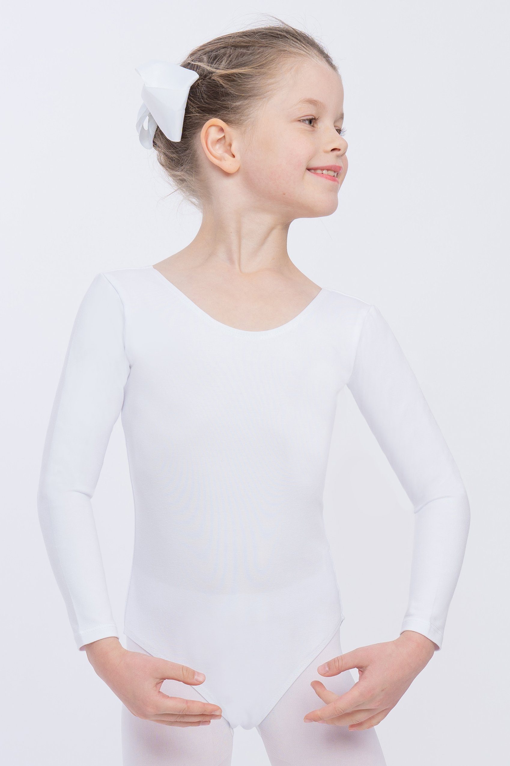 tanzmuster Body Ballettbody Lilly aus weichem Baumwollmischgewebe Langarm Trikot fürs Kinder Ballett weiß