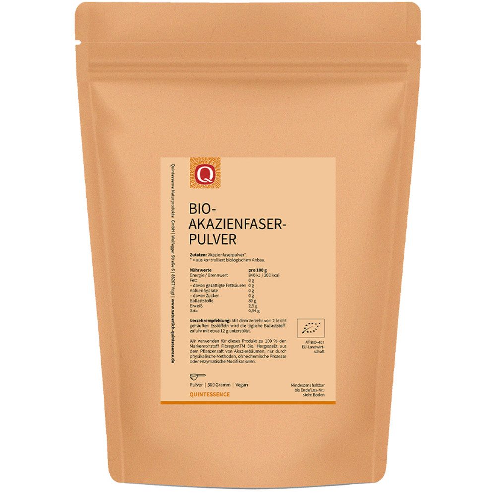Quintessence Bio Akazienfaser – 80 % wasserlösliche Ballaststoffe - 360 g veganes Pulver, 360 g, Hochwertige Premiumqualität - mit Fibregum™ - in Bioqualität