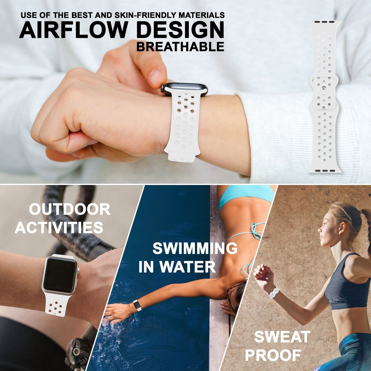 Nalia Smartwatch-Armband Apple Watch Silikon Atmungsaktiv Weiß Uhr / Ersatzband 42mm/44mm/45mm/49mm, für Gelochtes Sport / Fitness