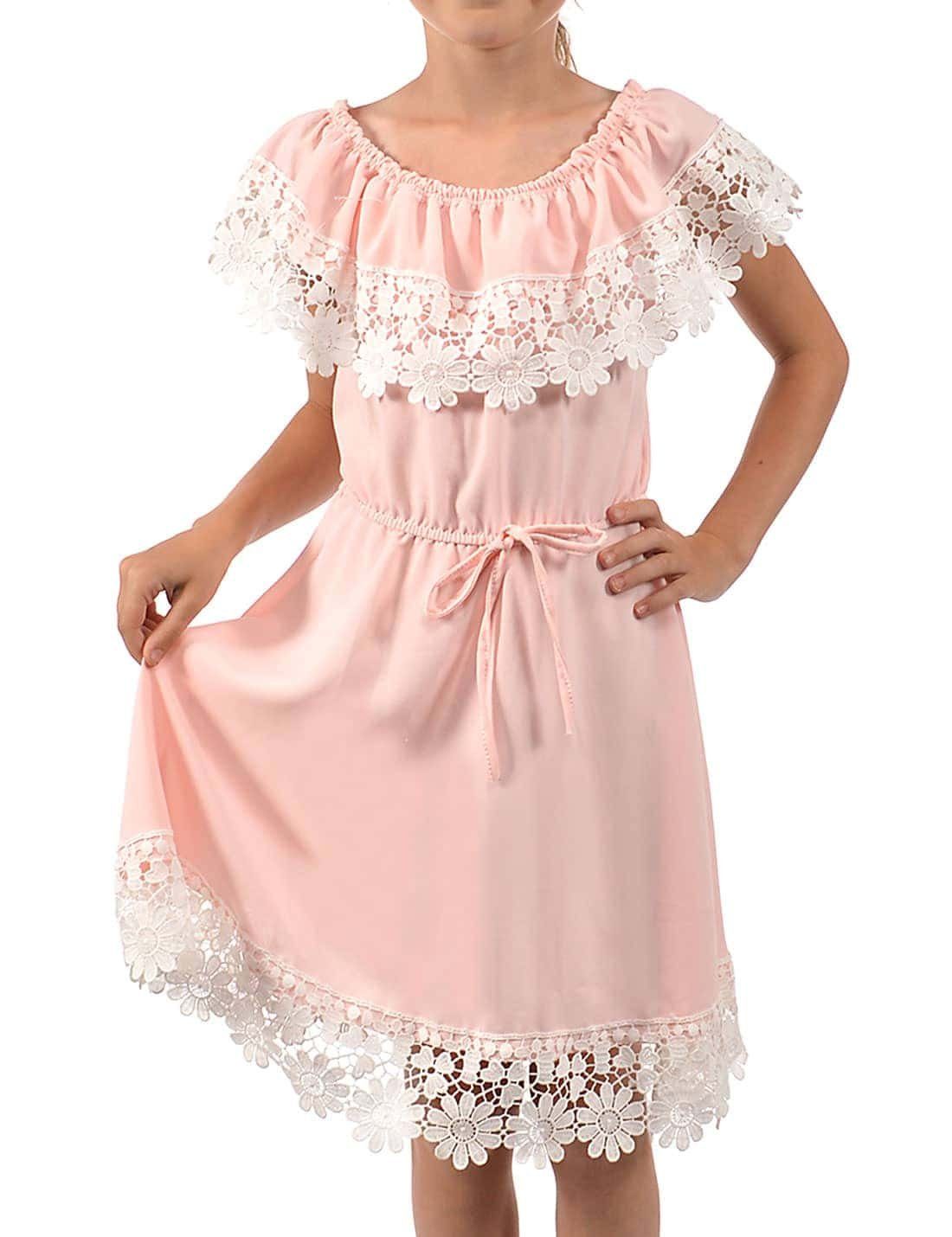 Mädchen Rosa Spitze Schulterfrei Kleid mit bequem zu Sommerkleid (1-tlg) KMISSO tragen