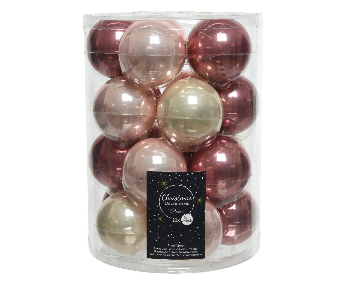 Kaemingk Weihnachtsbaumkugel, Weihnachtskugeln Glas 6cm x 20 Stück - Samtpink / Puderrosa / Perle