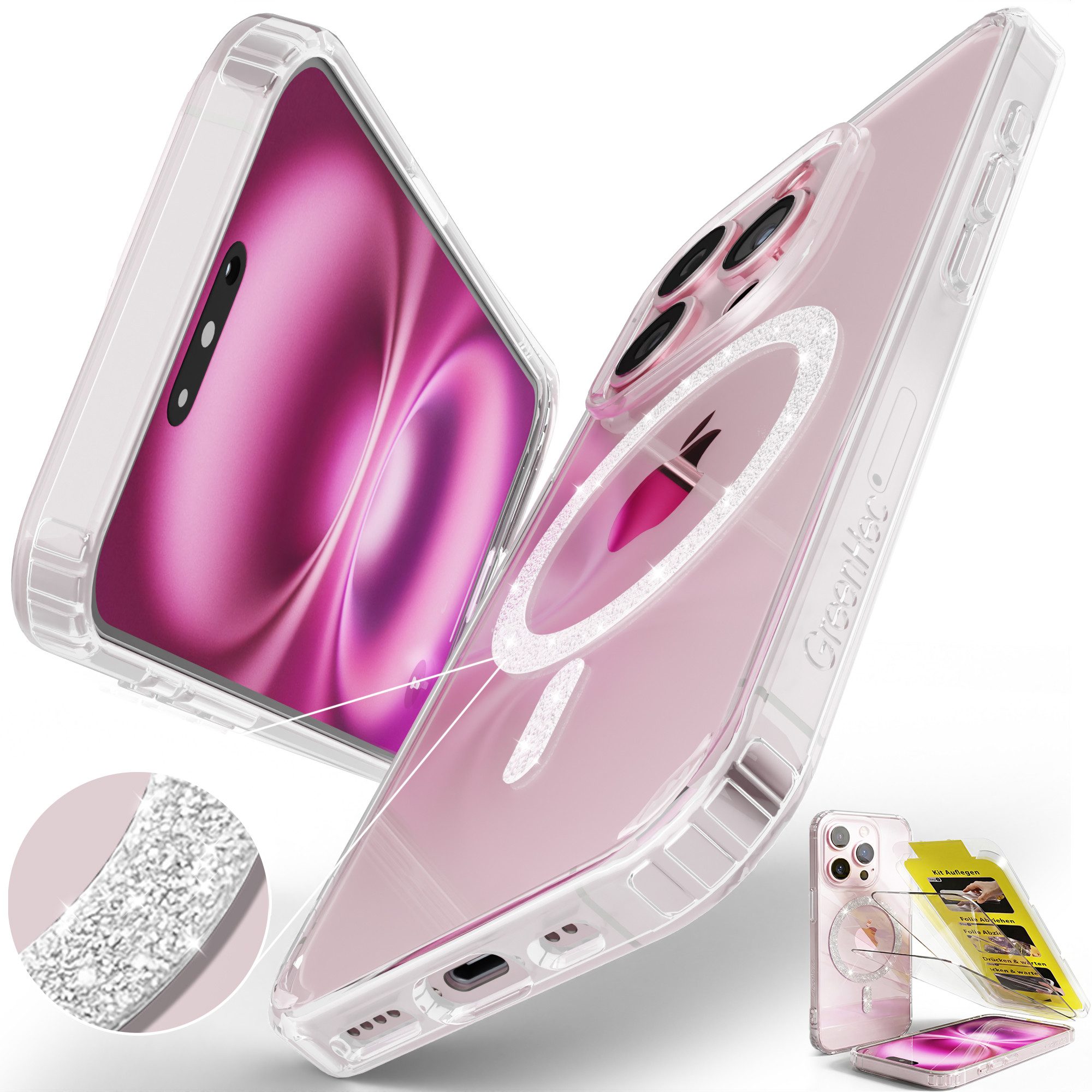 GreenHec Handyhülle Handyhülle iPhone 17 16 15 14 13 Pro Max Plus Glitzer Case Transparent 7 Zoll, Glänzend Magnetring, Transparent Hülle iPhone, GreenHec Clear Case