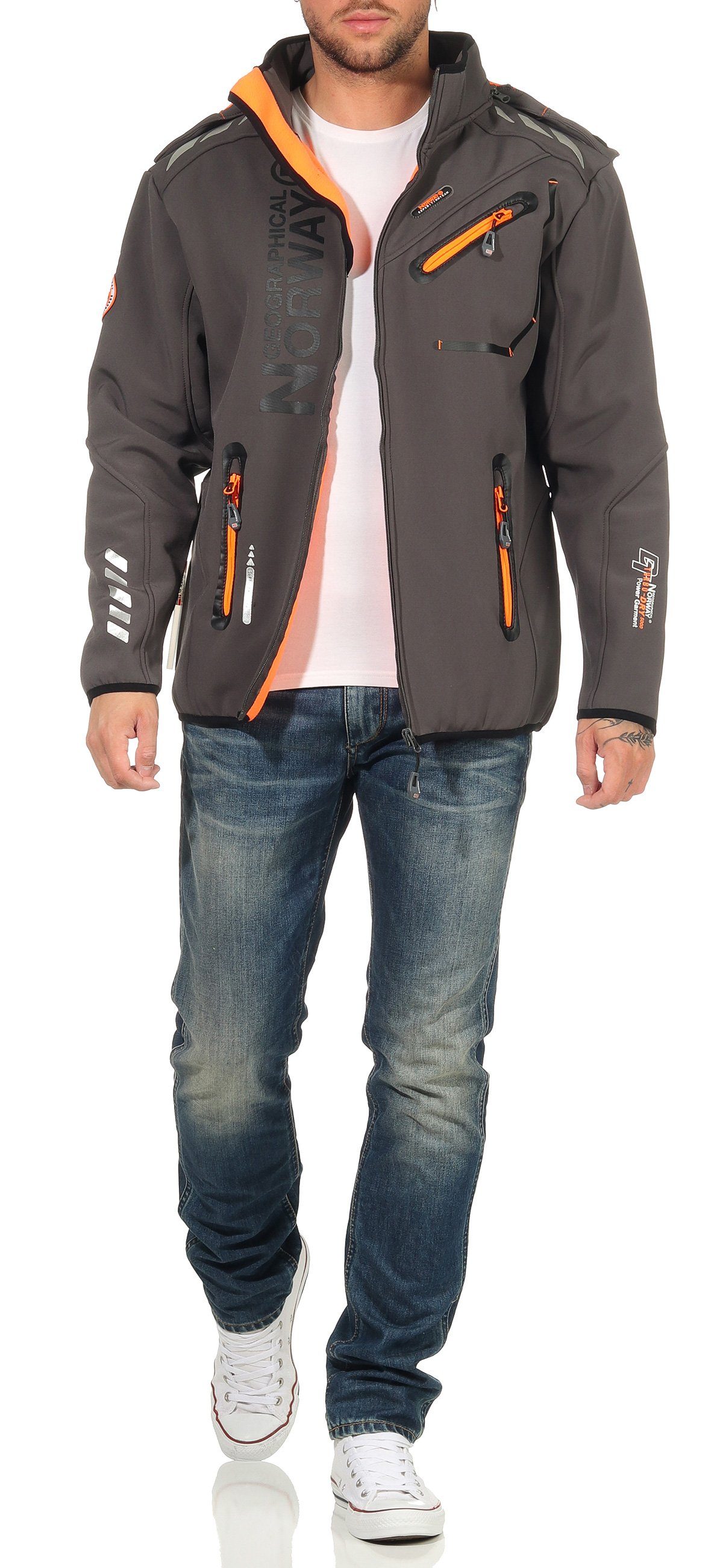 Geographical Norway Softshelljacke Herren Softshell Sport Outdoor Wander Trekking Jacke in Unifarbe, mit abnehmbarer Kapuze, mit Stehkragen