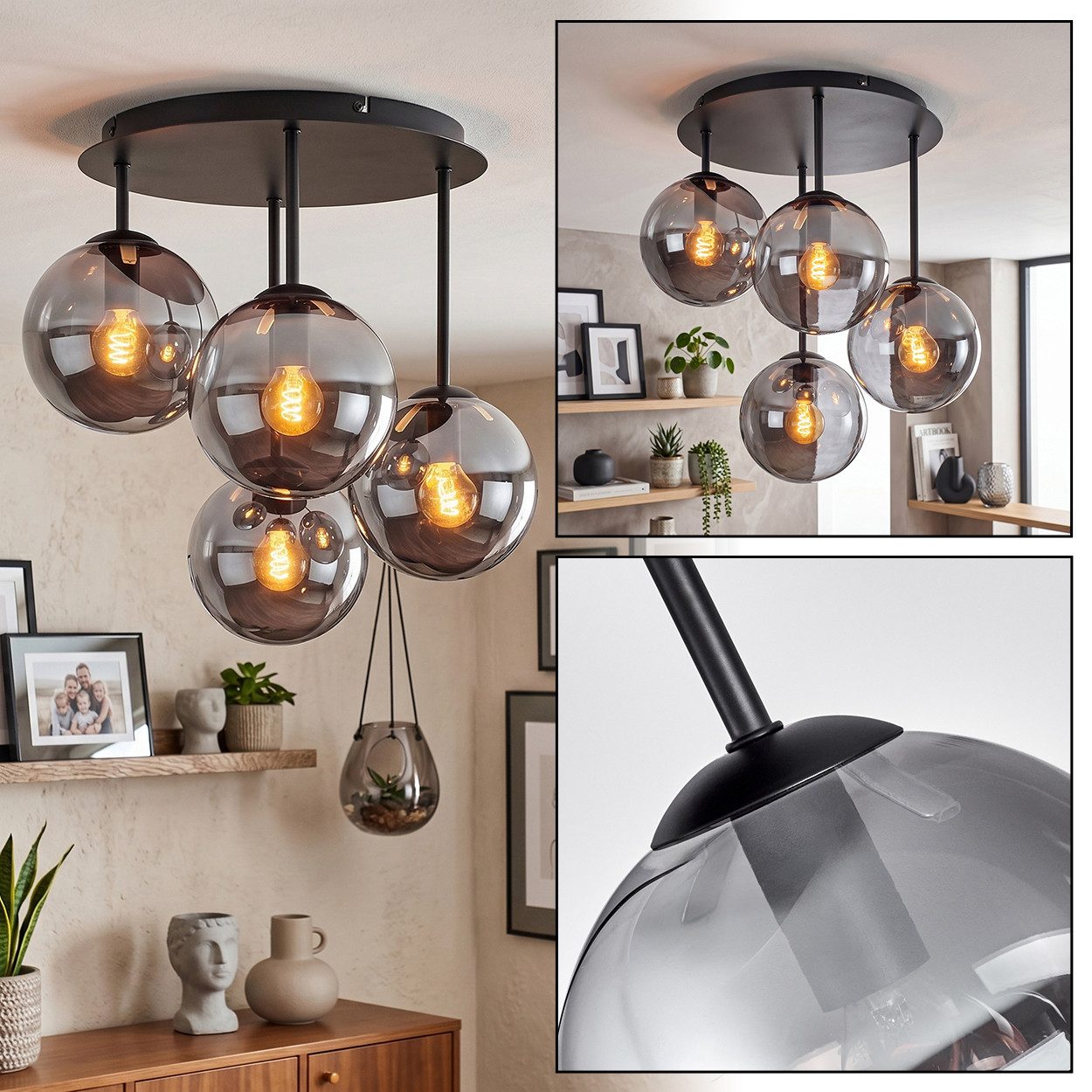hofstein Deckenleuchte Deckenlampe aus Metall/Glas in Schwarz/Rauchfarben, moderne Deckenleuchte im Retro/Vintage-Design, 4 x E14