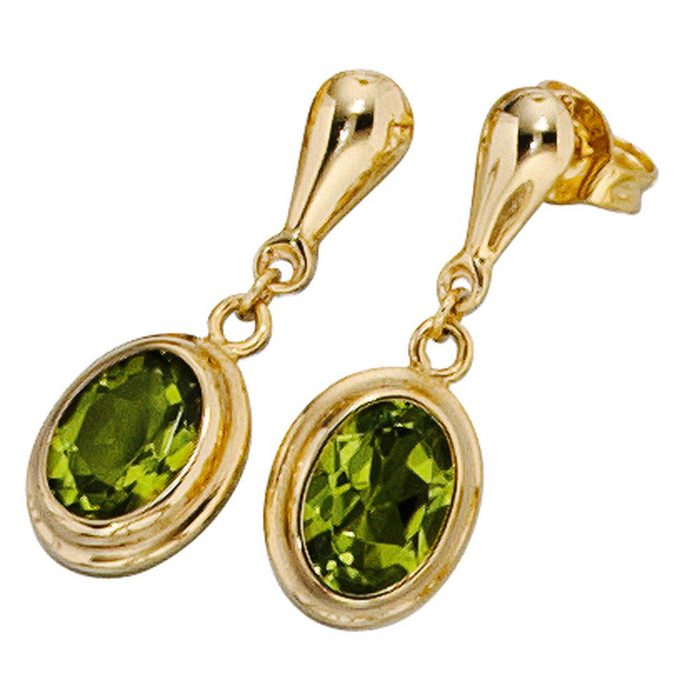 Schmuck Krone Paar Ohrhänger Ohrringe Ohrhänger aus 585 Gold Gelbgold mit Peridot grün Ohrschmuck für Damen Gold 585