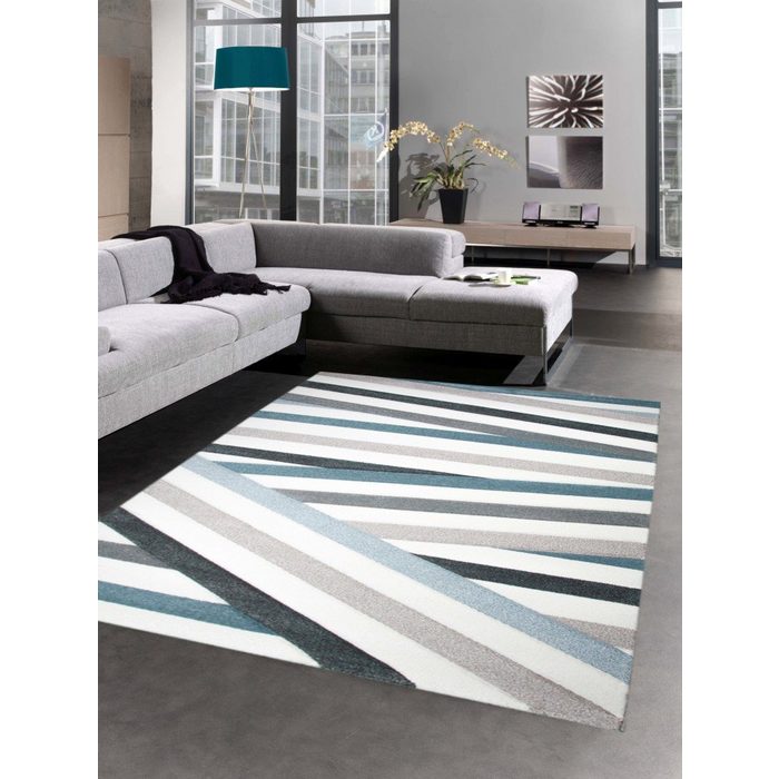 Teppich Moderner Teppich Kurzflor Wohnzimmerteppich Konturenschnitt Streifen pastell blau braun creme Carpetia rechteckig Höhe: 13 mm