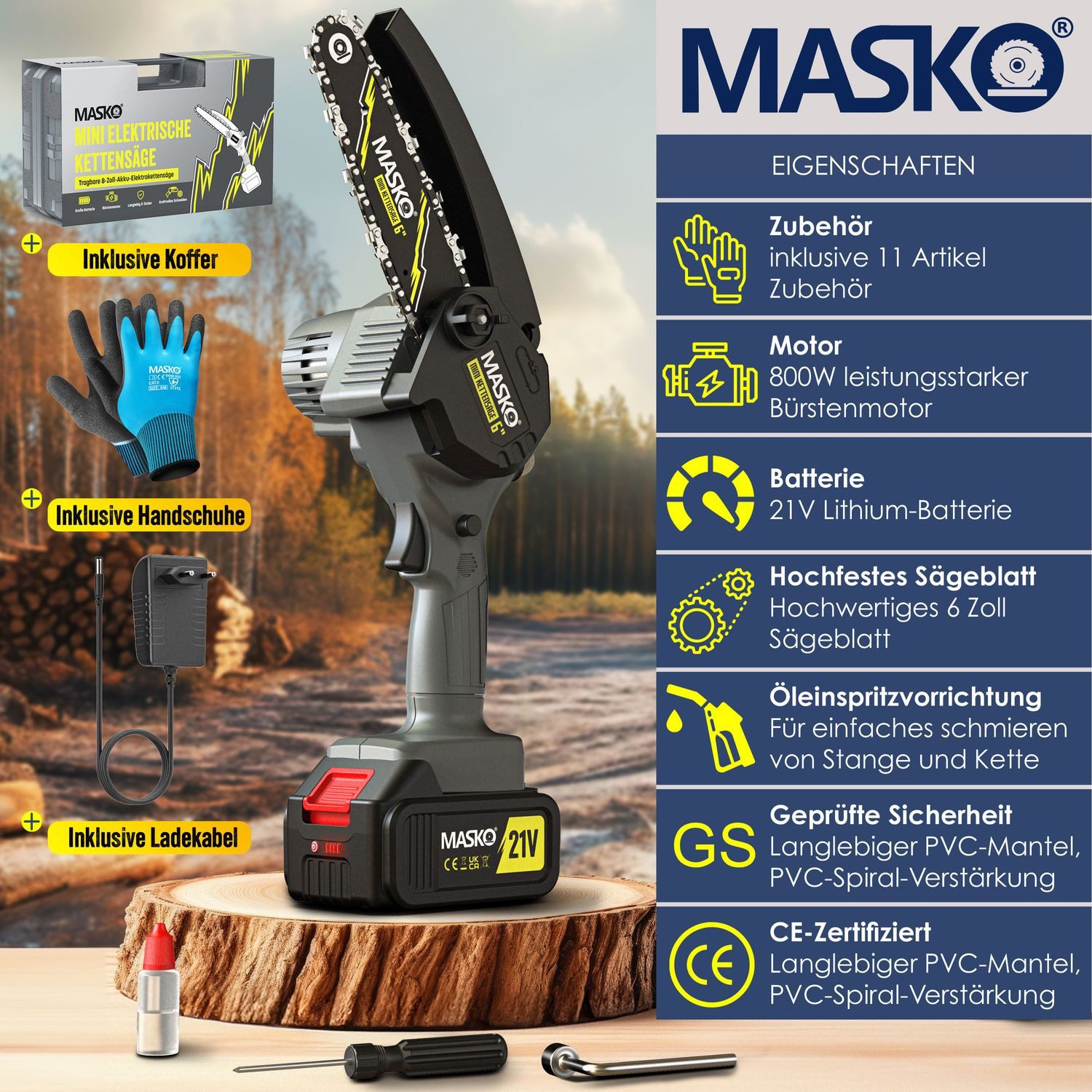 MASKO Akku-Kettensäge Mini Kettensäge 800W Elektrische Motorsäge mit Automatischem Ölsystem, Inkl. Koffer, 2x 4000mAh Akkus, 2x extra Ersatzketten & Handschuhe, 8000mAh Handkettensäge für Astschnitte & Holzarbeiten