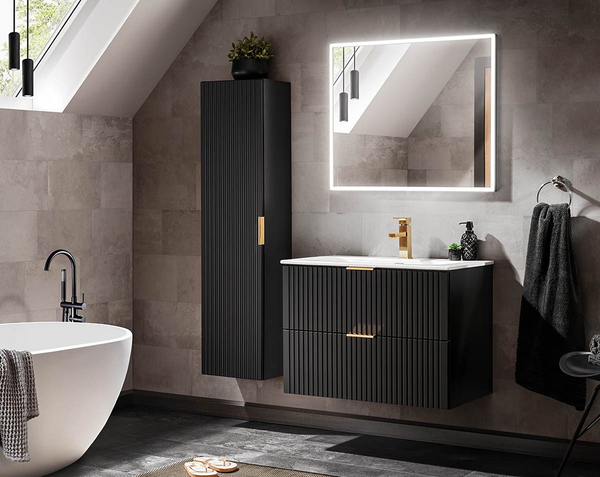 Waschtisch-Set Badezimmer Set 3-teilig BLACKENED 80cm, Einbau-Waschbecken, schwarz
