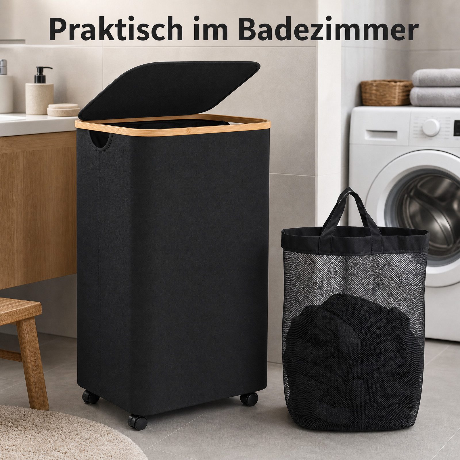 SURFOU Wäschebox Faltbarer Wäschekorb 100L mit Deckel & Rollen, Abnehmbarer waschbarer Beutel, Bambusgriffe, für Bad & Schlafzimmer