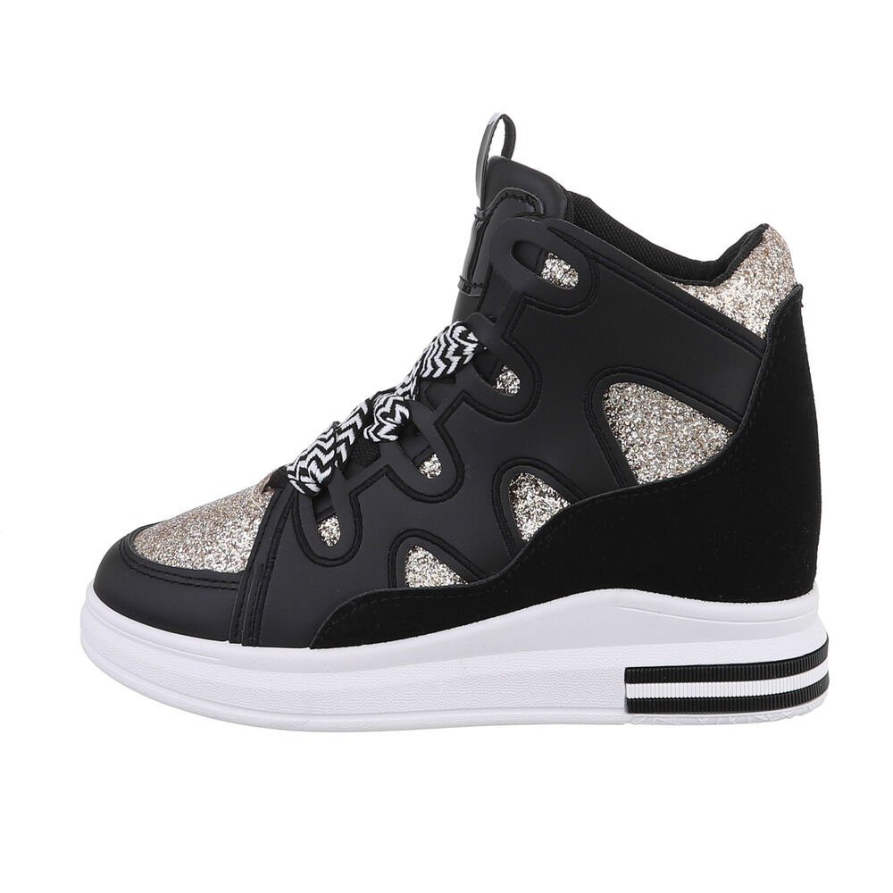 Ital-Design Damen High-Top Freizeit Sneakerboots Keilabsatz/Wedge Sneakers High in Schwarz