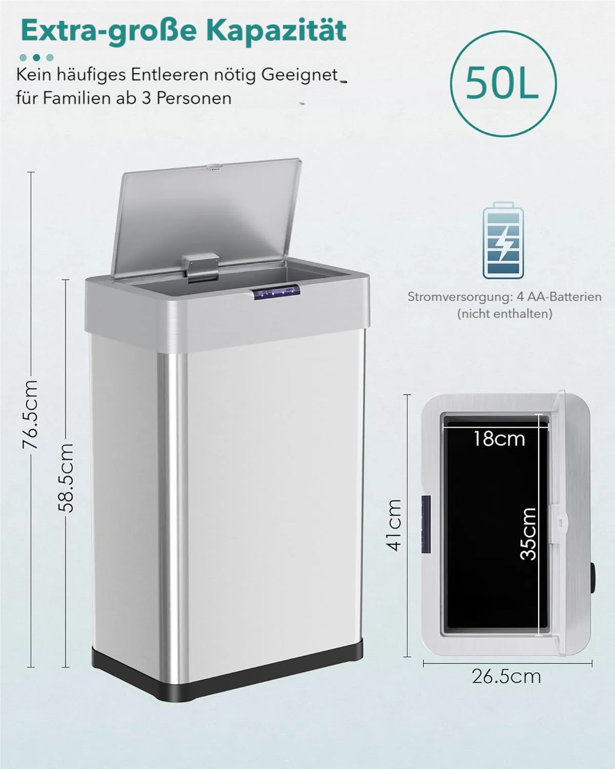TLGREEN Mülleimer mit Sensor,automatischer Abfalleimer 50/60 L, mit Klemmring für Müllbeutel,Softclose-Deckel, Stahl