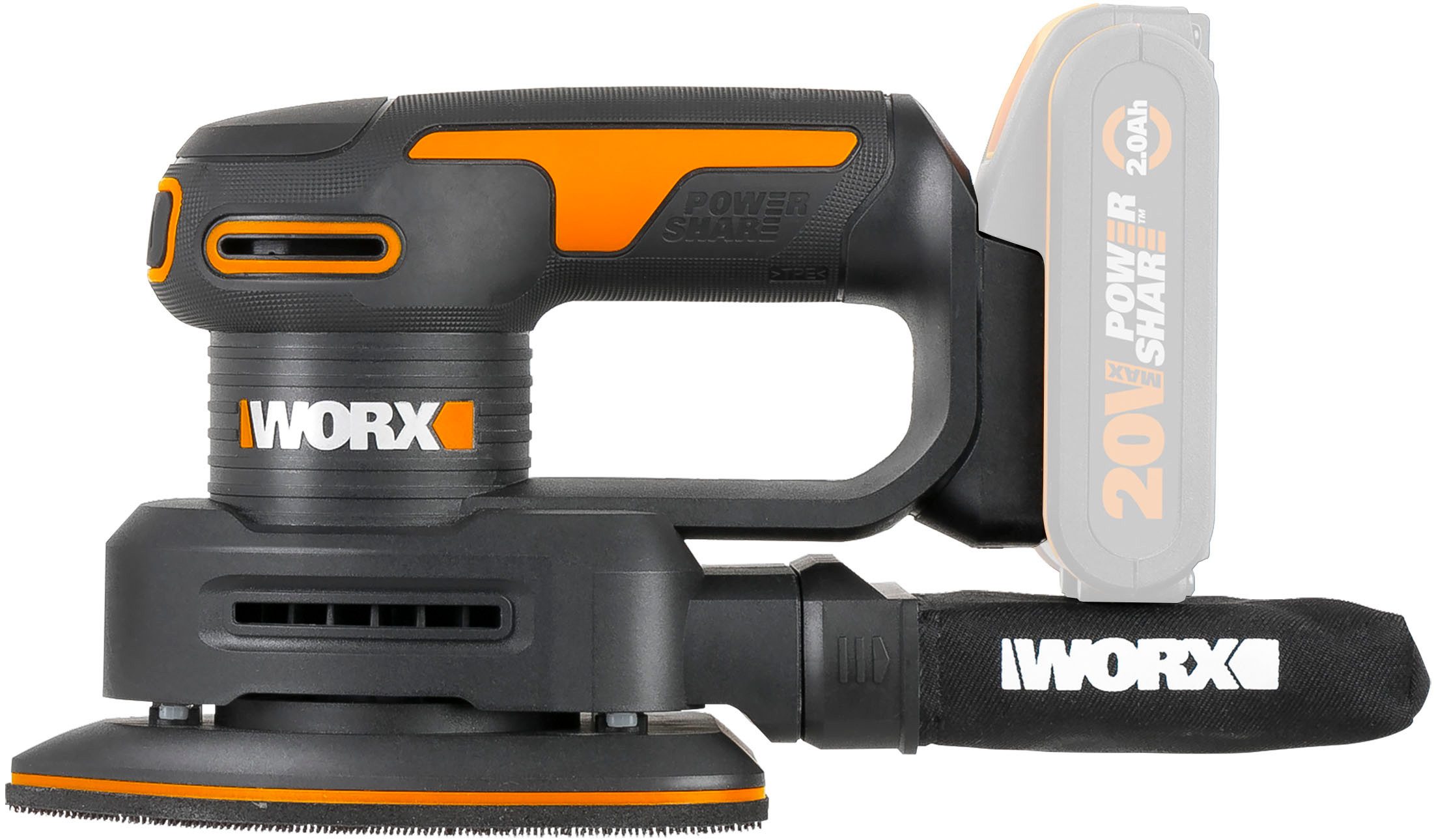 Worx Akku-Tellerschleifer WX822.9, für Holzmöbel und Türen, mit Staubfangsack, ohne Akku & Ladegerät