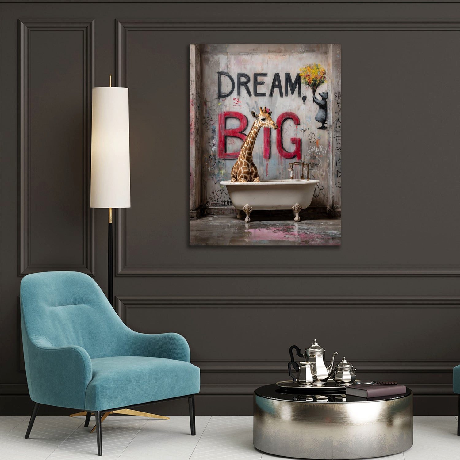 Artedinoi Leinwandbild Graffiti Dream Big Badezimmer mit Giraffe Leinwandbild Wandbild Kunstd, Giraffe im Badezimmer, Dream Big