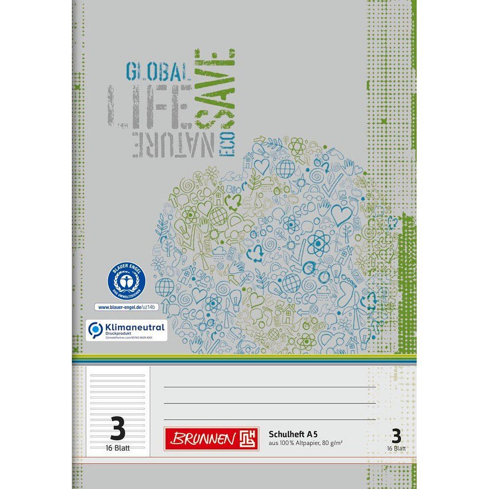BRUNNEN Schulheft 1 Schulheft Recycling Lin. 3 liniert Kontrastlineatur 16 Blatt A5