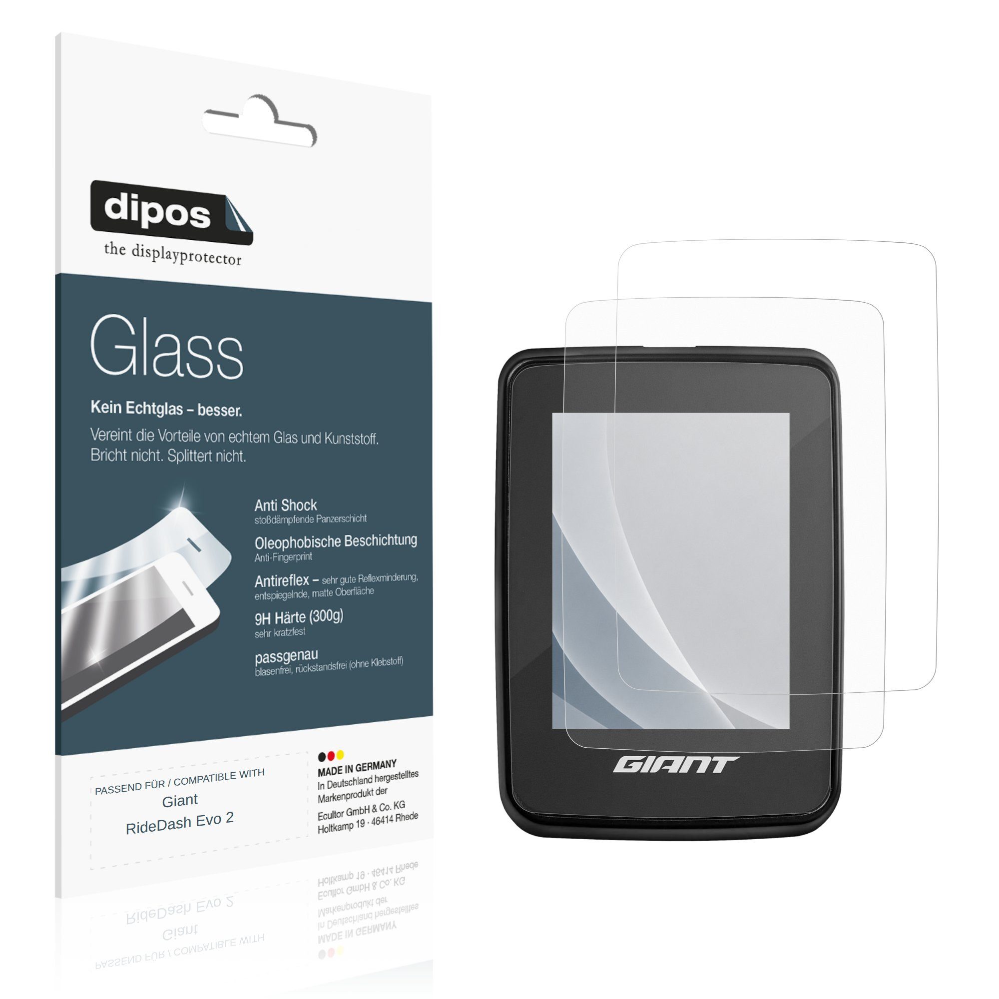 dipos Displayschutzfolie Schutzfolie für Giant RideDash Evo 2, 2 Stück, Displayschutz Schutz Folie Made in Germany