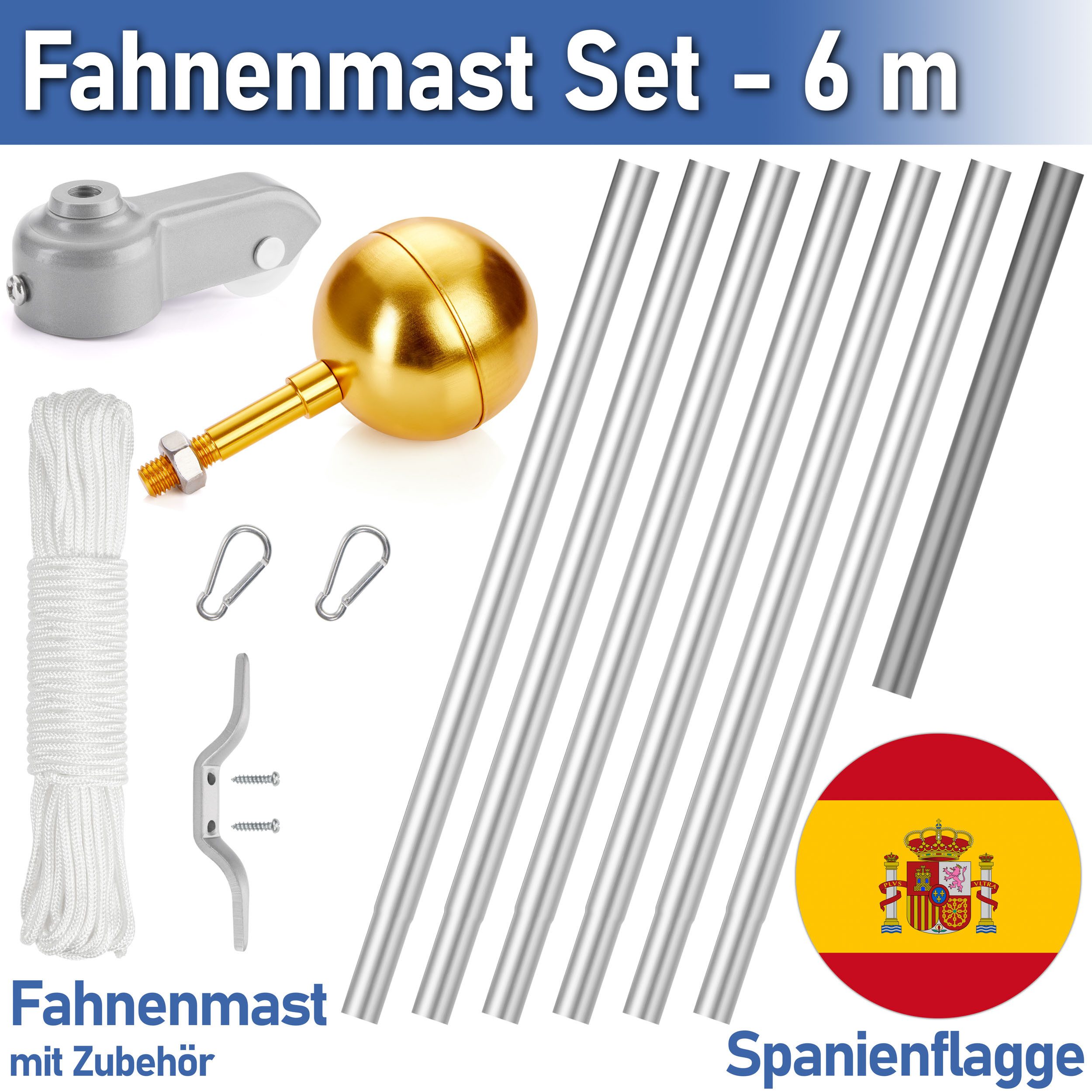 BRUBAKER Fahnenmast Fahnenstange inkl. Spanienflagge und Kugelspitze Gold, (Aluminium Flaggenmast mit Erdhülse für Garten und Camping), + Spanische Fahne 150 x 90 cm