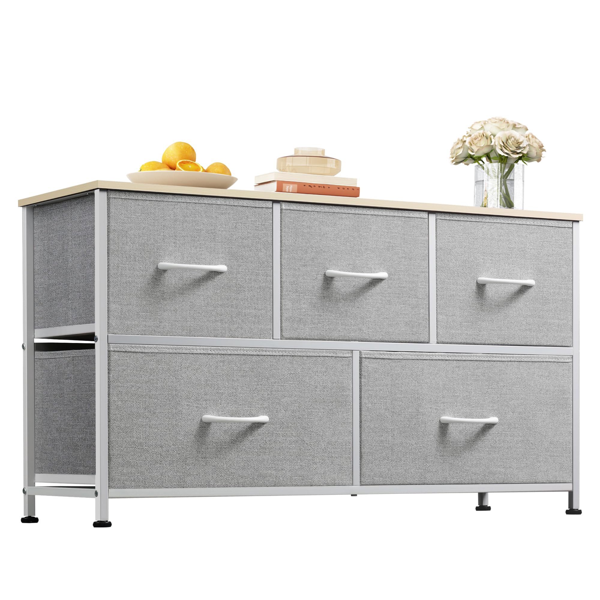 WLIVE Kommode Stauraumschrank Kommode mit 5 Stoffschubladen, (Metallrahmen Holzwerkstoff), Kommode Wohnzimmer, mit Stabiler Stahlrahmen und Holzplatte