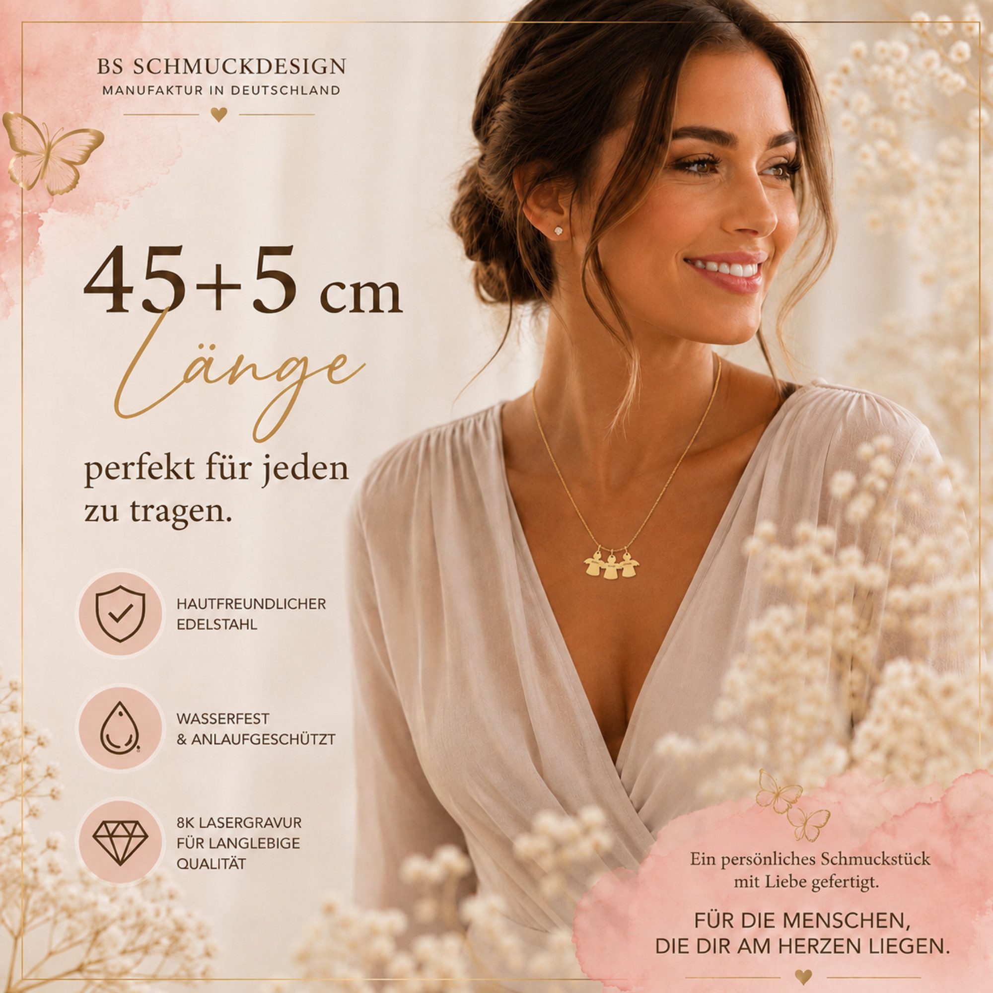 BS Schmuckdesign Kette mit Anhänger mit Gravur Namenskette Engelkette personalisierte Kette mit Namen Edelstahl (inkl. Gravur), personalisiert inkl. Geschenkbox