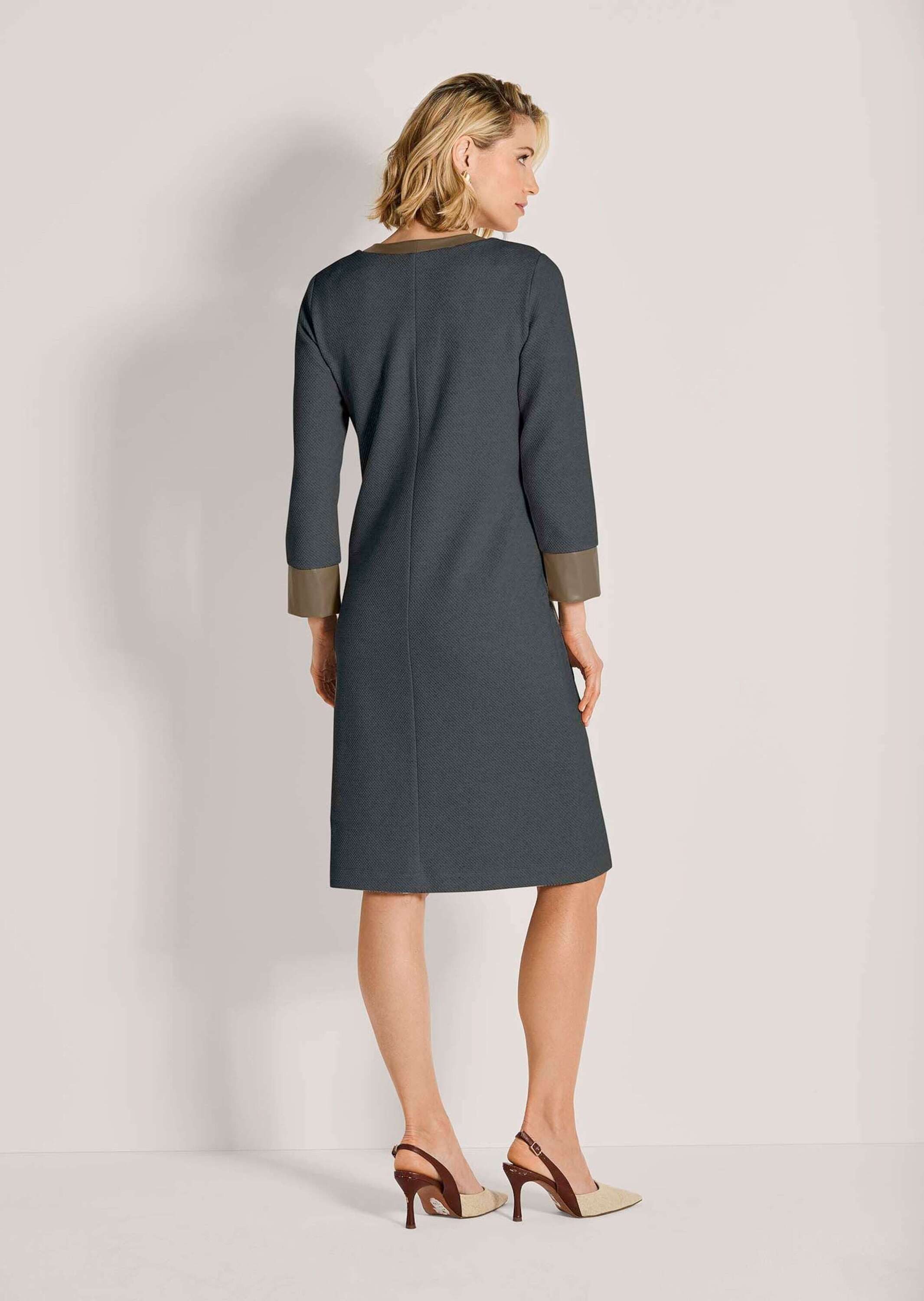 MADELEINE Midikleid Elegantes Kleid mit Lederakzenten Baumwollkleid mit V-Ausschnitt und 3/4-Ärmeln