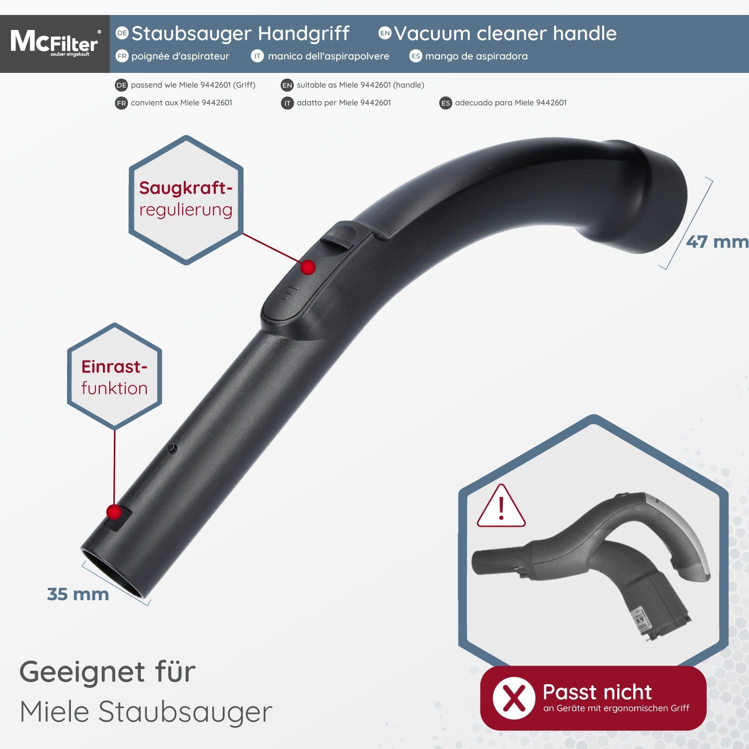 McFilter Staubsaugerrohr Handgriff, Ø 35mm, passend für Miele Classic C1 Compact C1 C2, Complete C1 C2 C3, ergonomisch, Einrast-Funktion, Saugluftregulierung